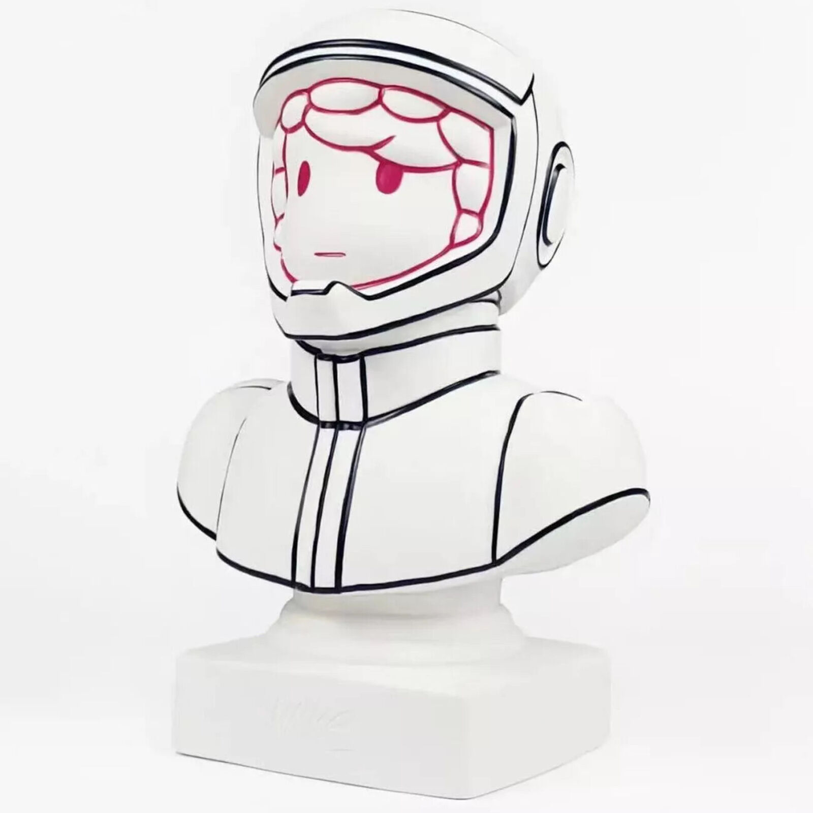 A white bust of a man in a space suit with a red light on his head.