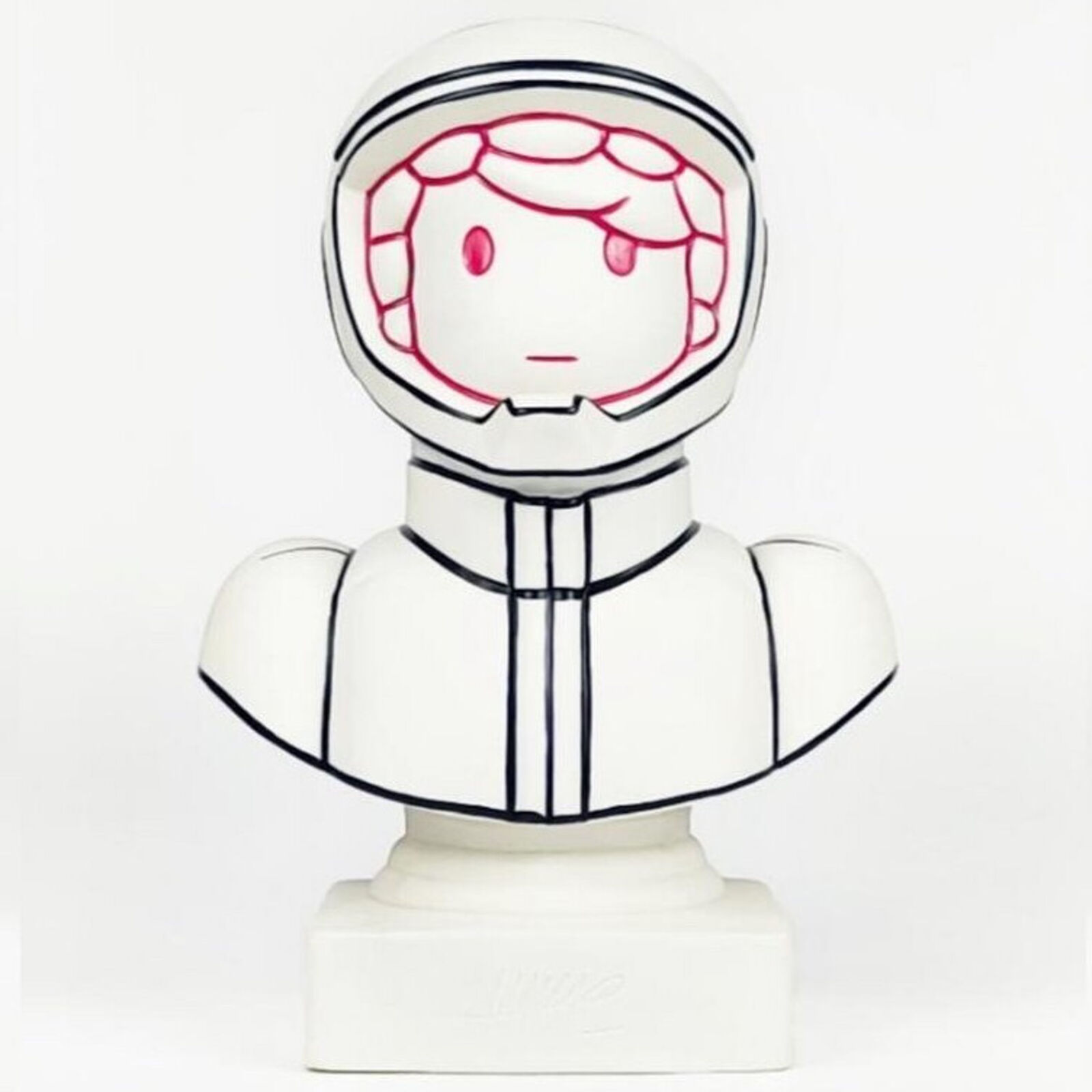 A white bust of a man in a space suit with a red light on his head.