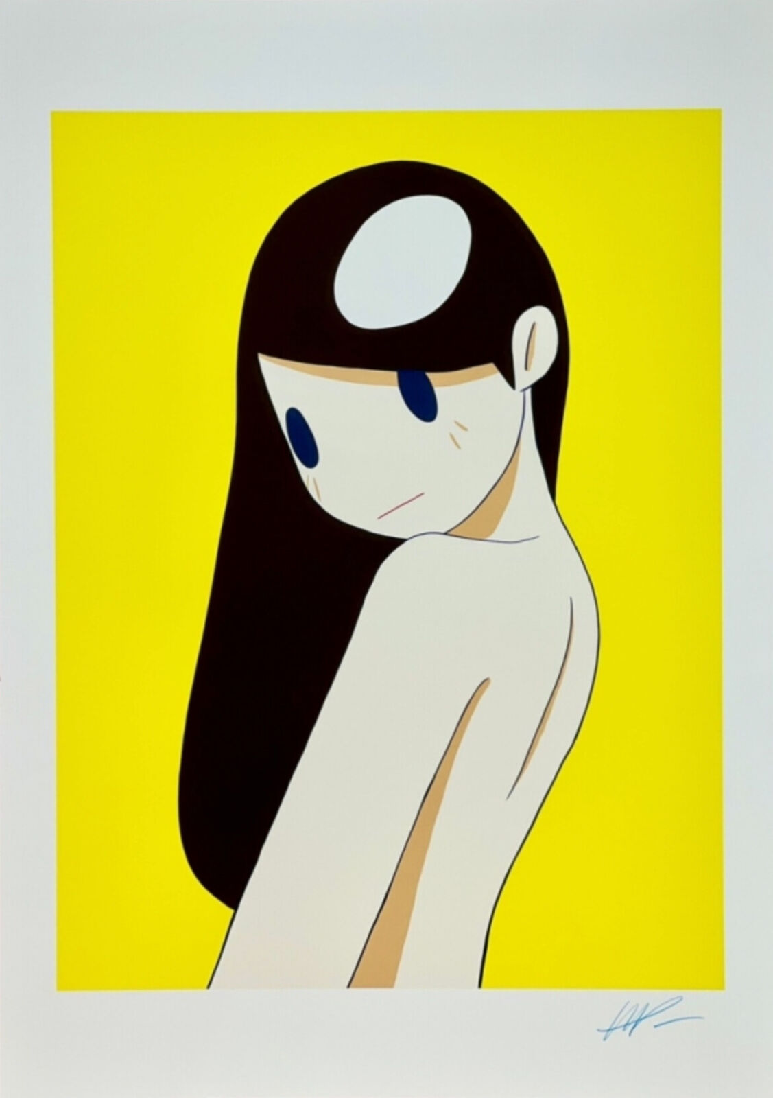 A painting of a woman with long black hair and blue eyes.
