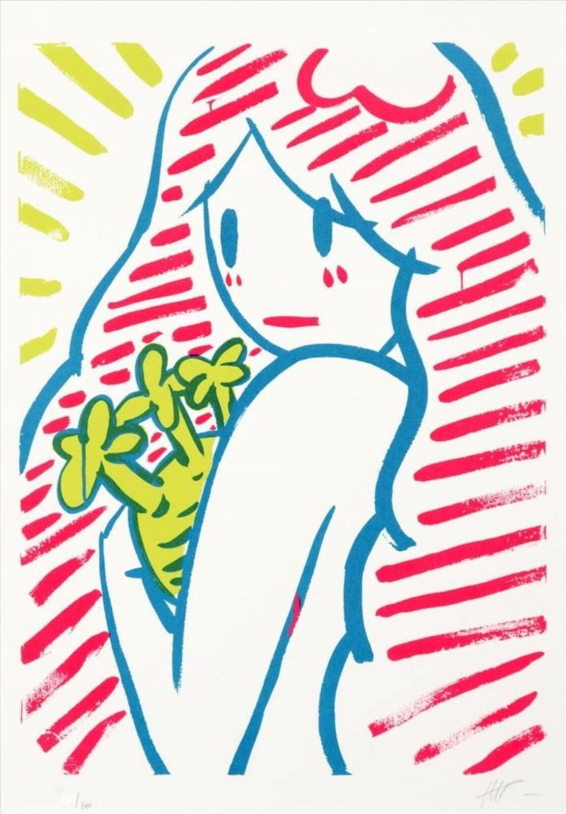 A drawing of a woman holding a bouquet of flowers.