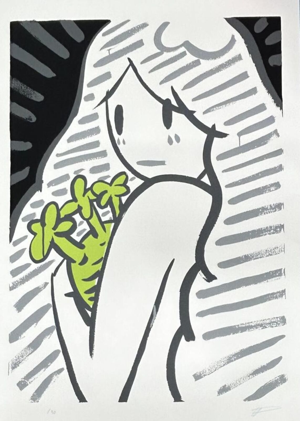 A black and white drawing of a woman holding a flower.