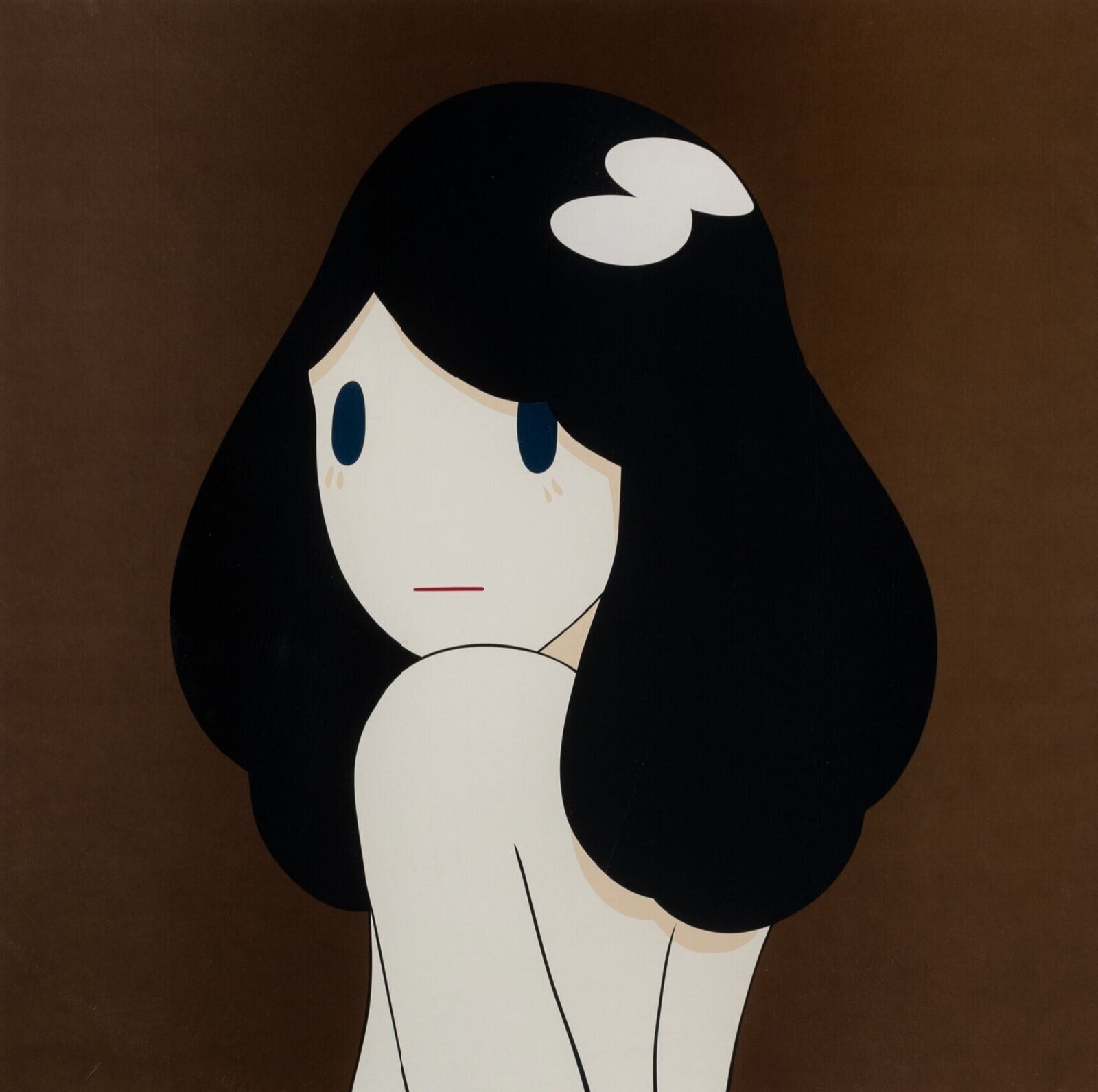 A painting of a woman with long black hair and blue eyes.