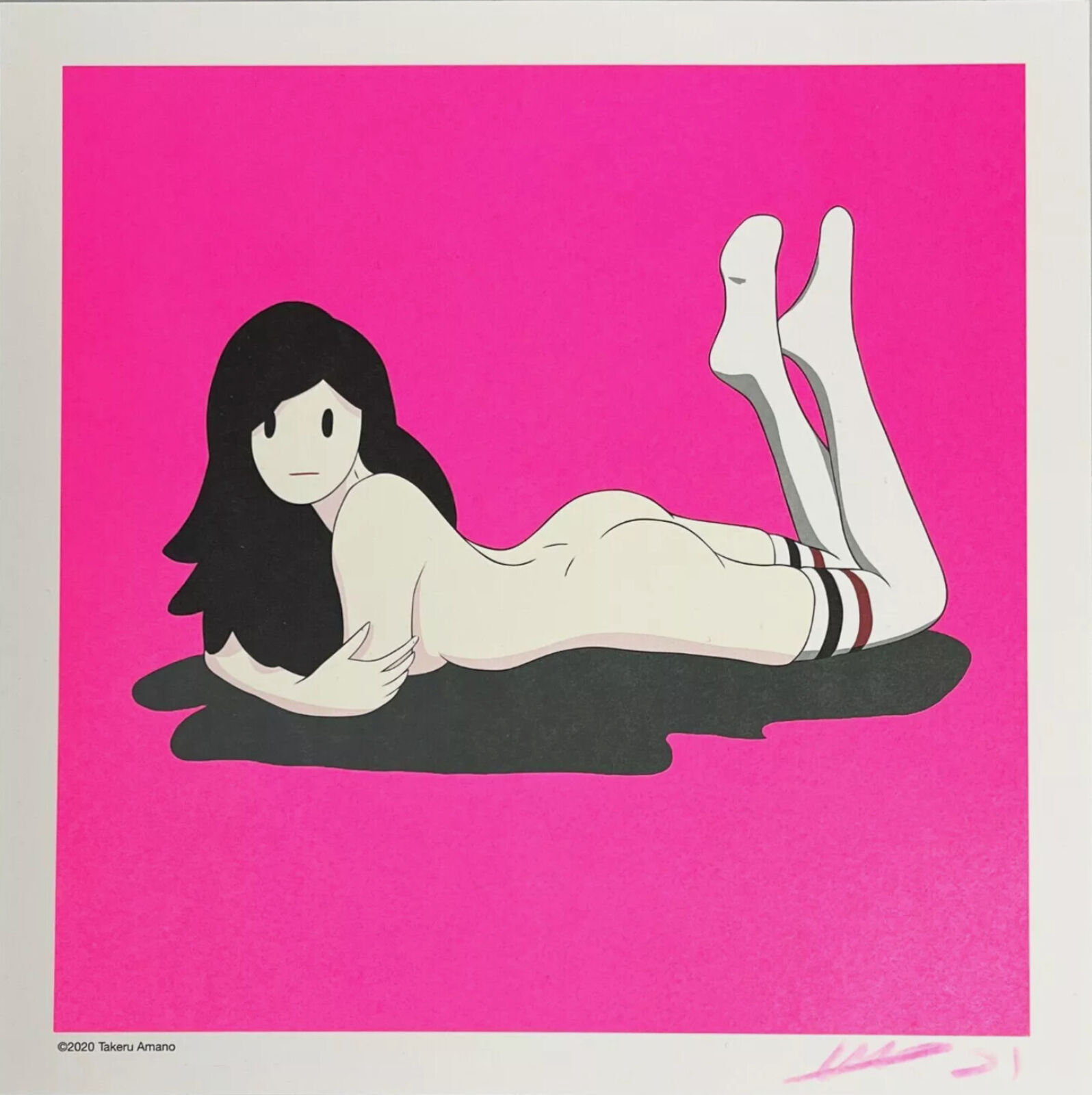 A drawing of a woman laying down on a pink background.
