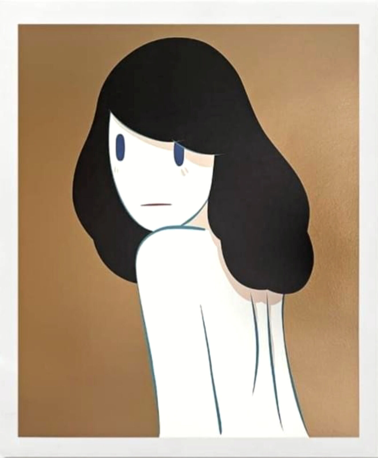 A painting of a woman with long black hair.