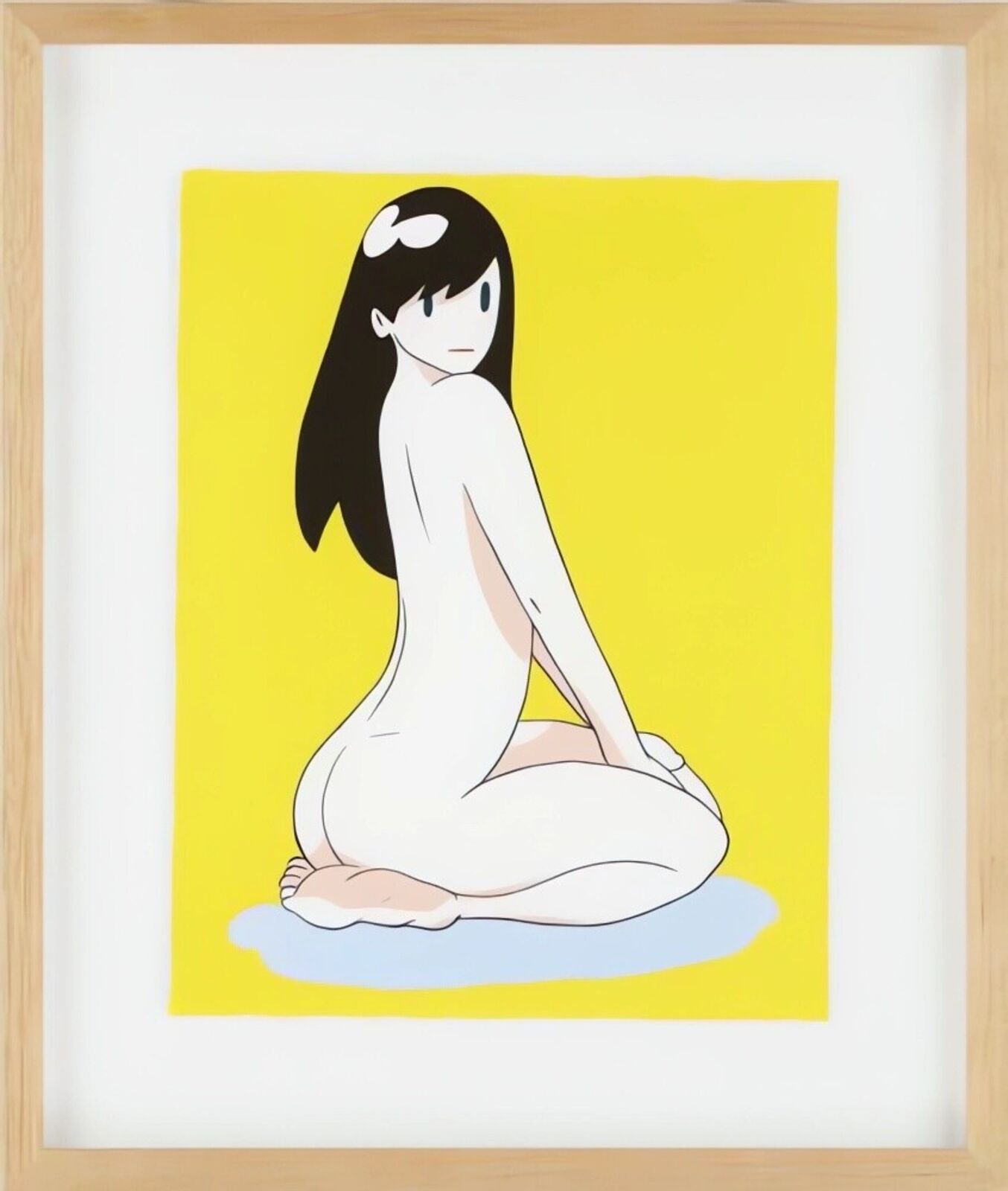 A painting of a woman sitting on the ground in a wooden frame.