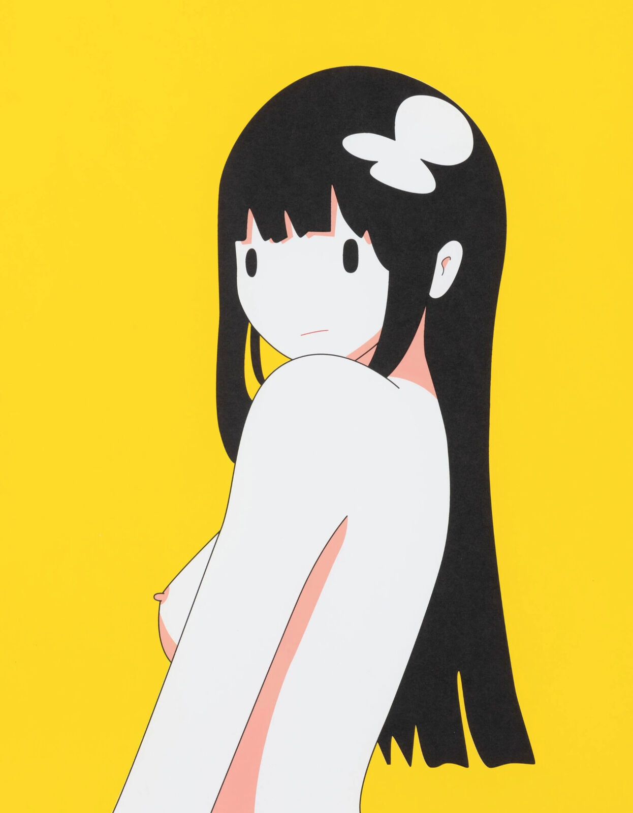 A woman with long black hair and a white flower in her hair.