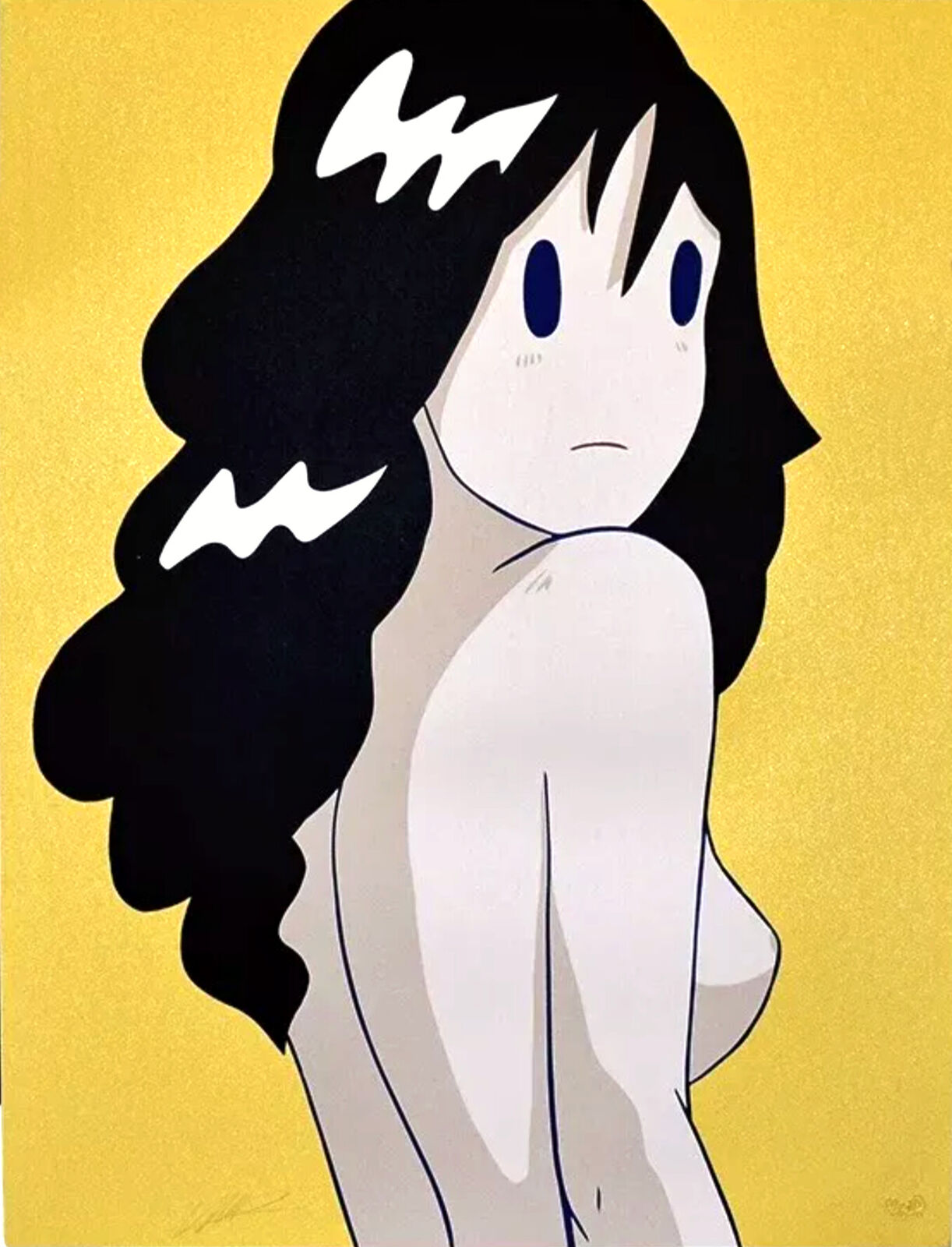 A drawing of a naked woman with long black hair.