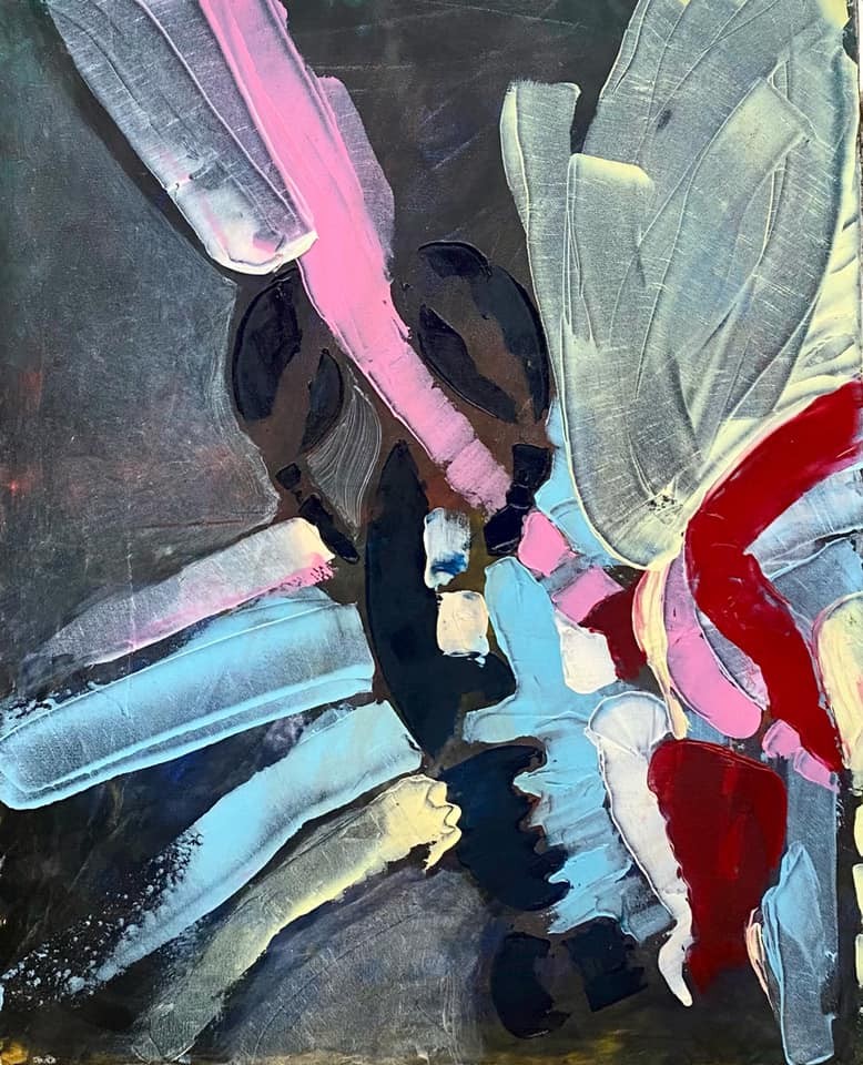 An abstract painting featuring bold, thick brushstrokes in a dynamic composition of reds, blues, and greys.