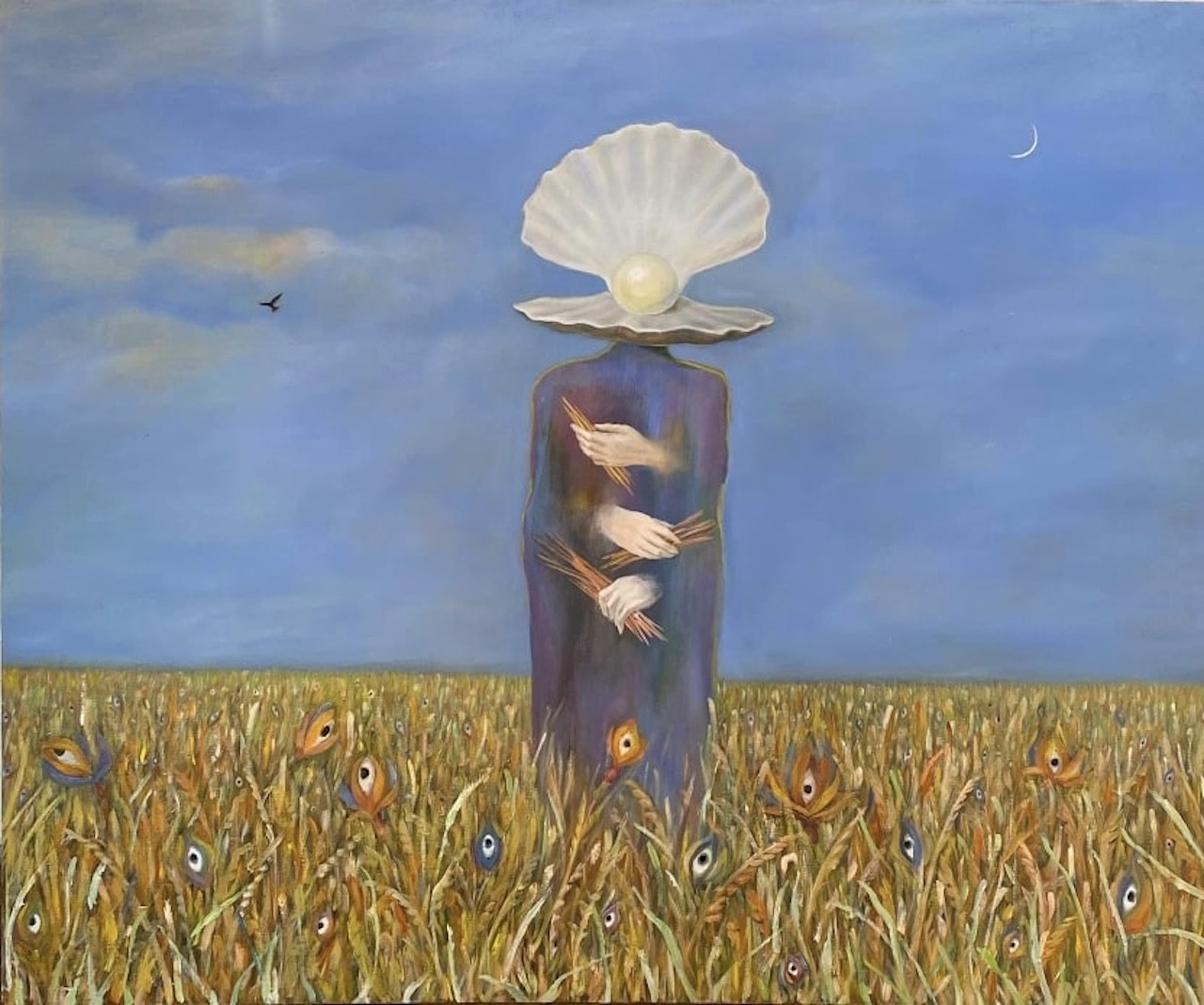 A surreal painting of a figure with a giant oyster shell head standing in a field of wheat stalks that have eyes.