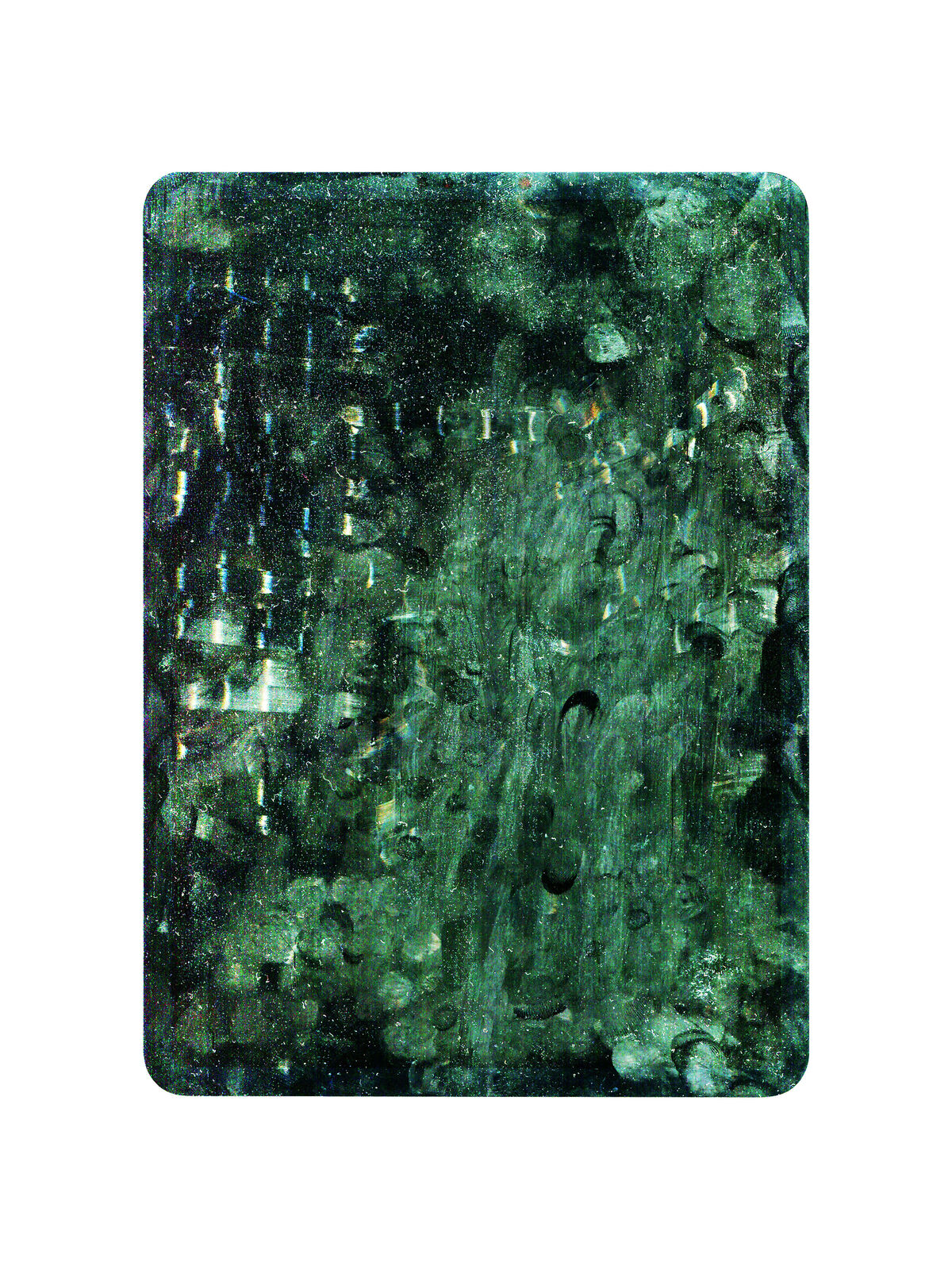 A picture of a green and black painting on a white background.