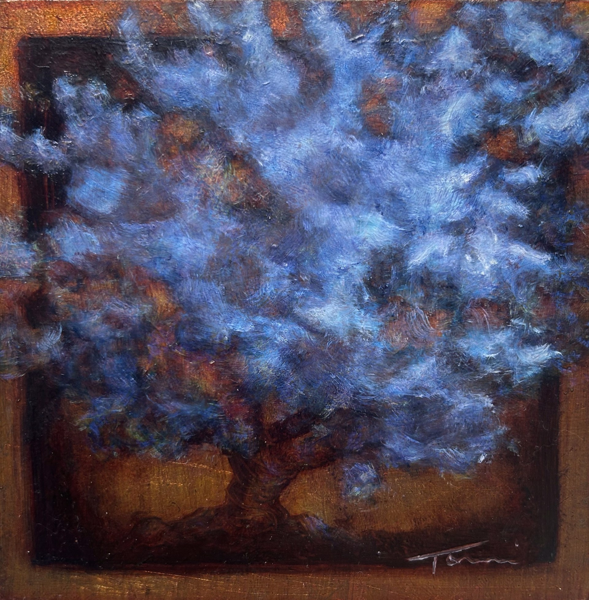 A painting of a blue tree on a brown background.
