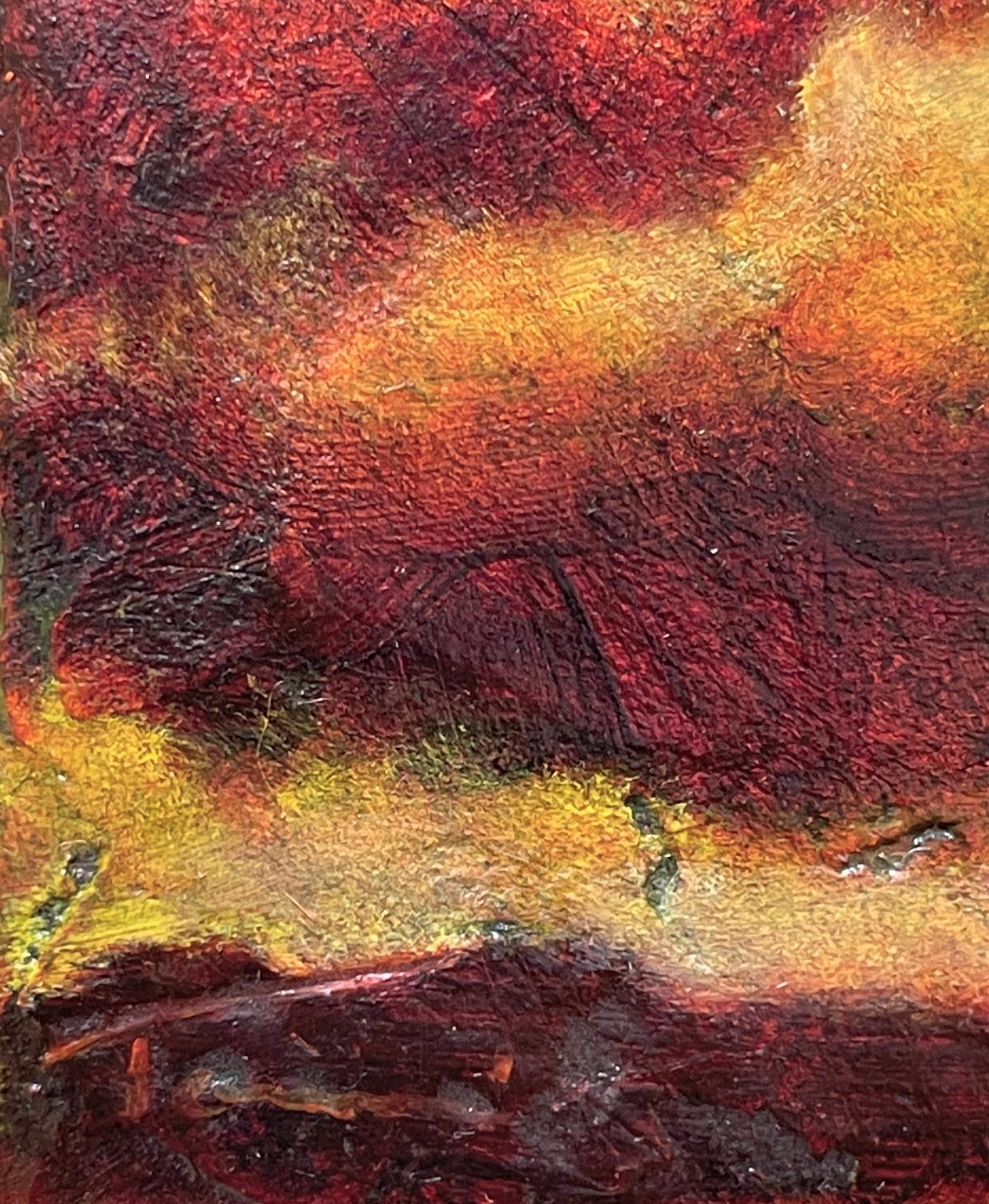 A painting of a tree in the middle of a field.