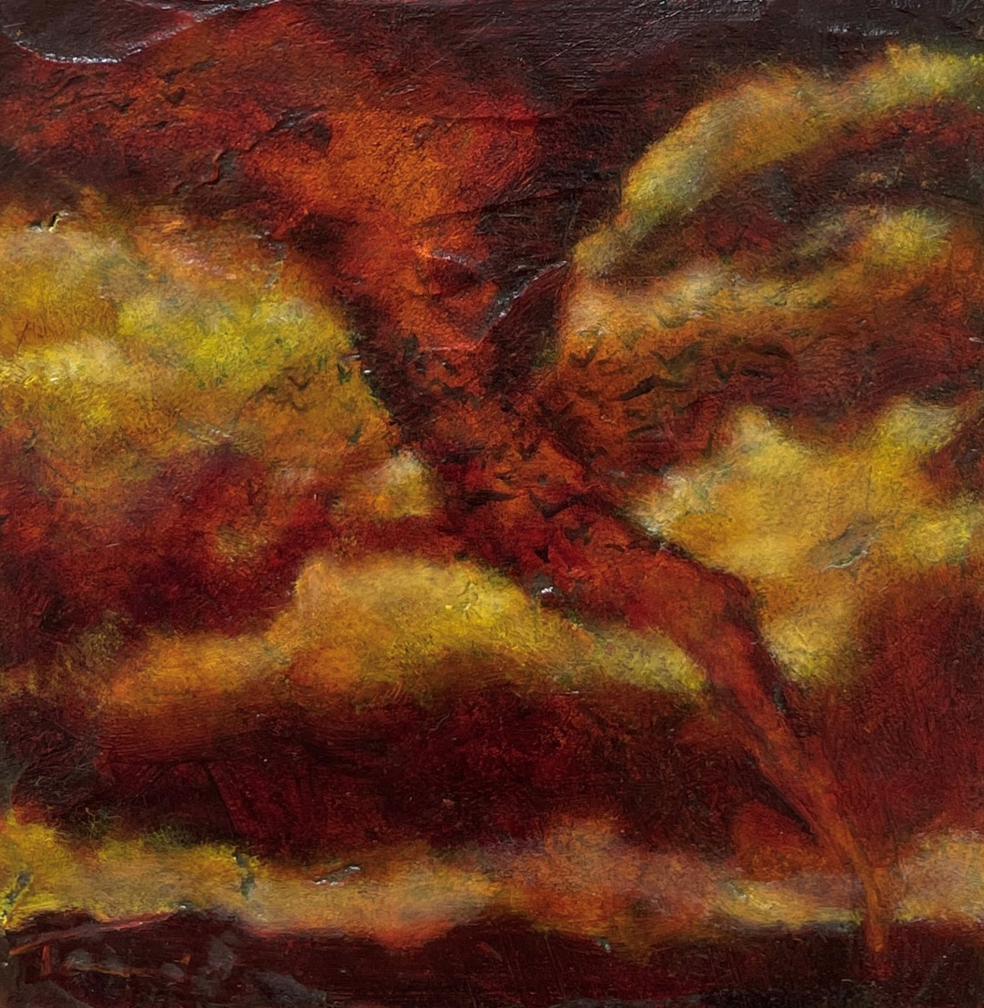 A painting of a tree in the middle of a field.
