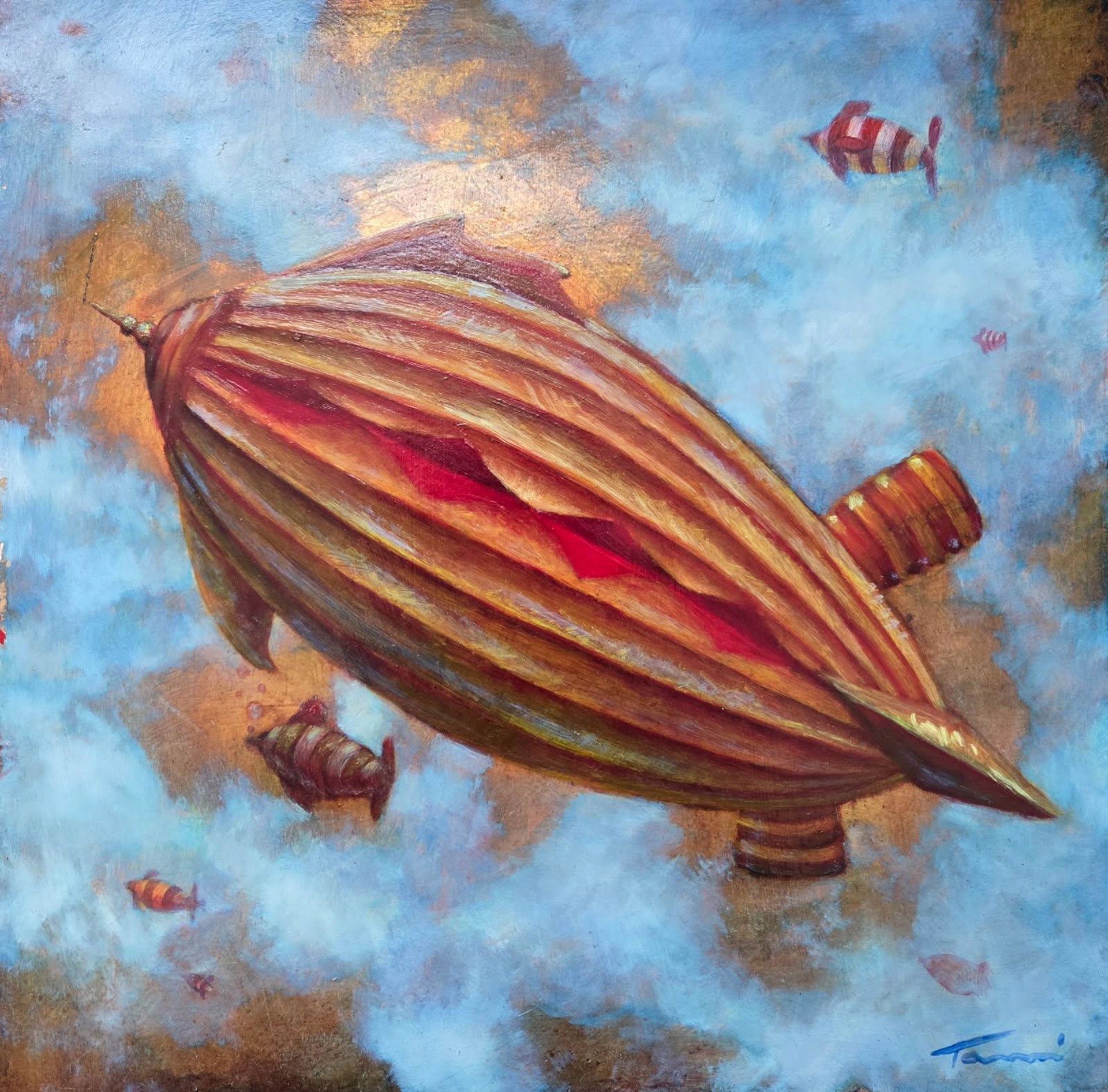 A painting of an airship flying through the sky with fish in the background.