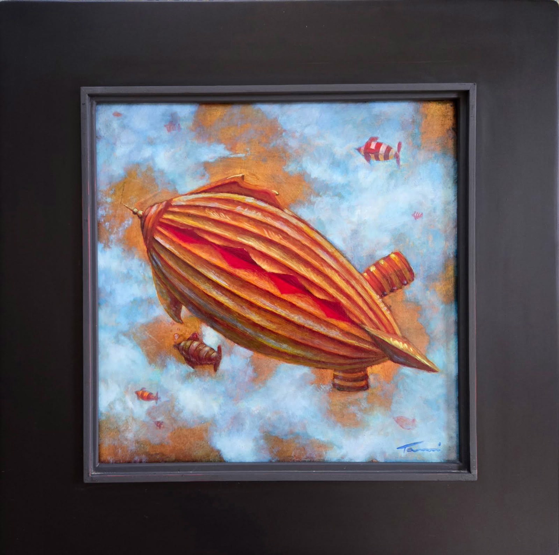 A painting of an airship flying through the sky with fish in the background.