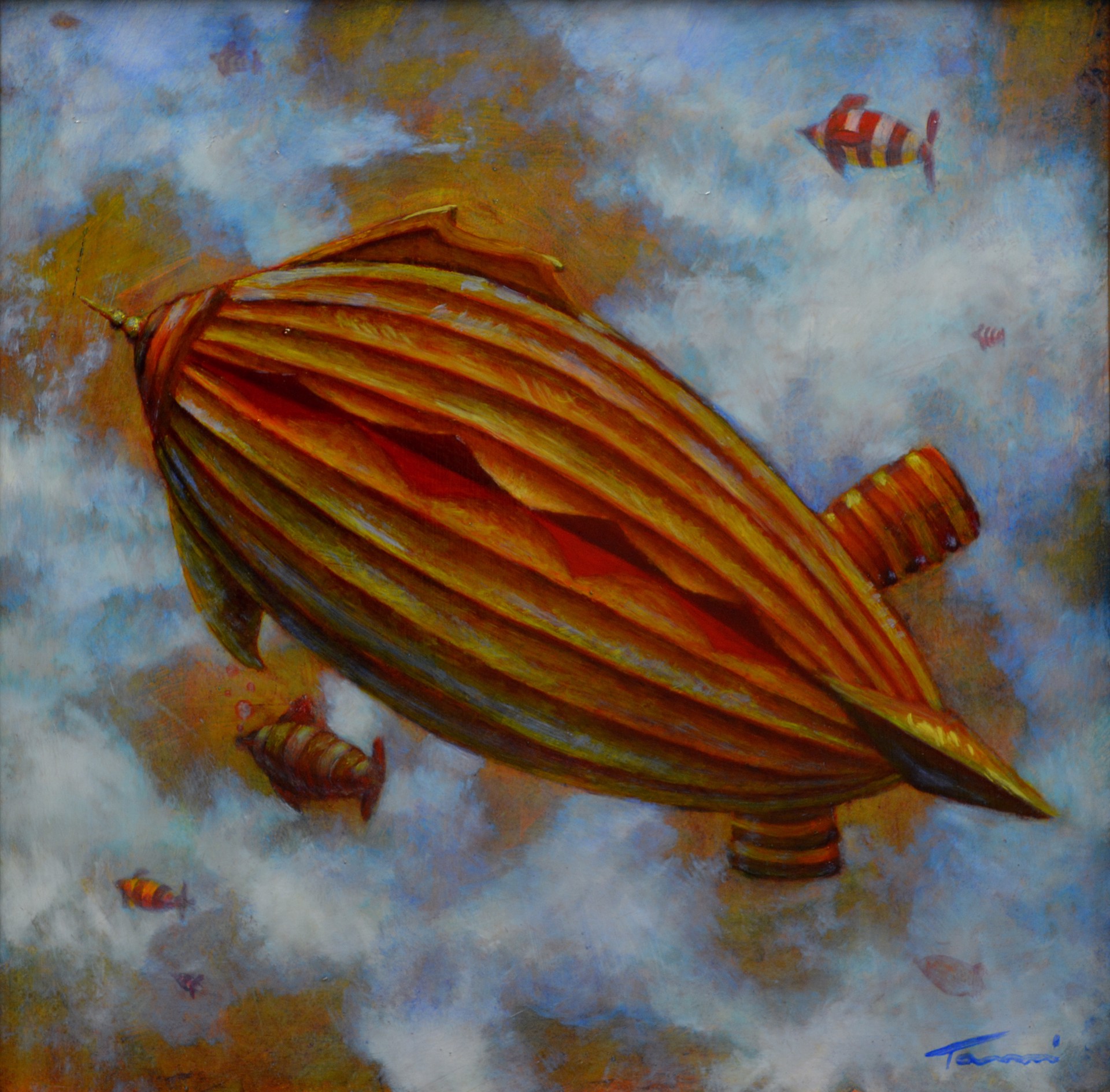 A painting of an airship flying through the sky with fish in the background.