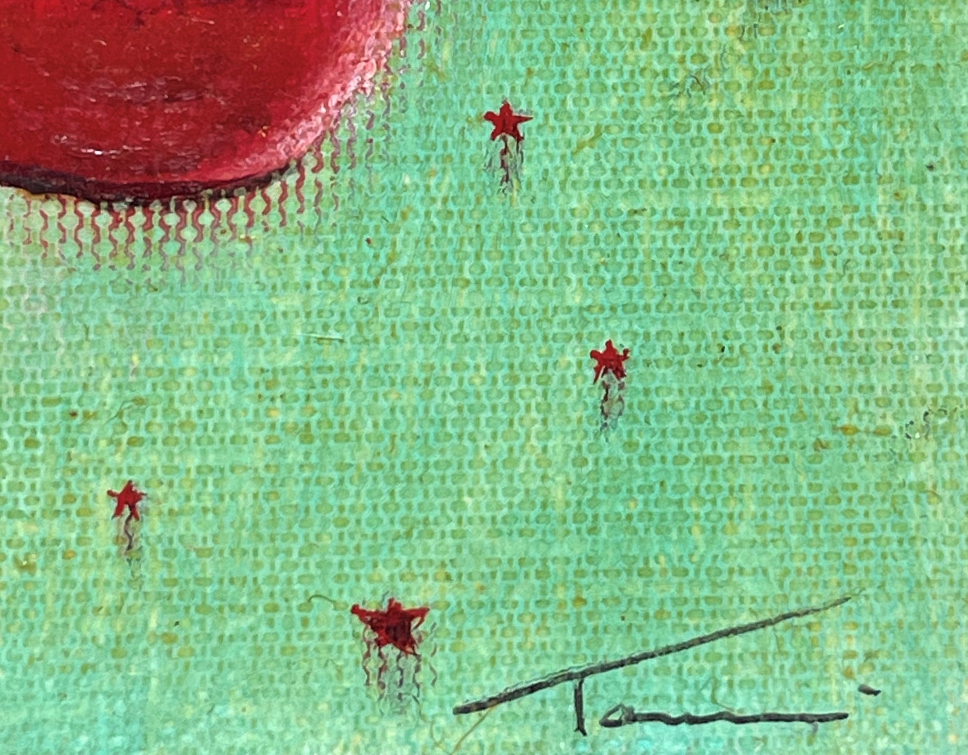 A painting of a red cherry on a green background.