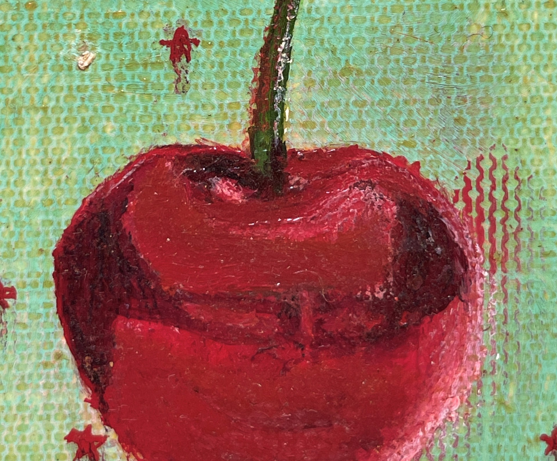 A painting of a red cherry on a green background.