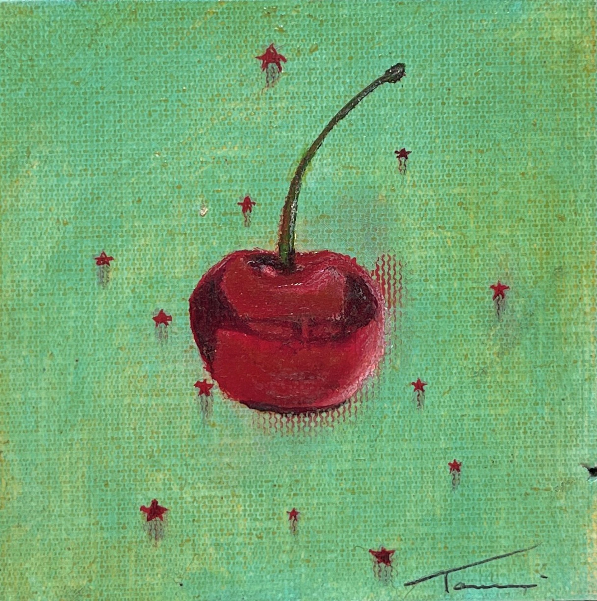 A painting of a red cherry on a green background.
