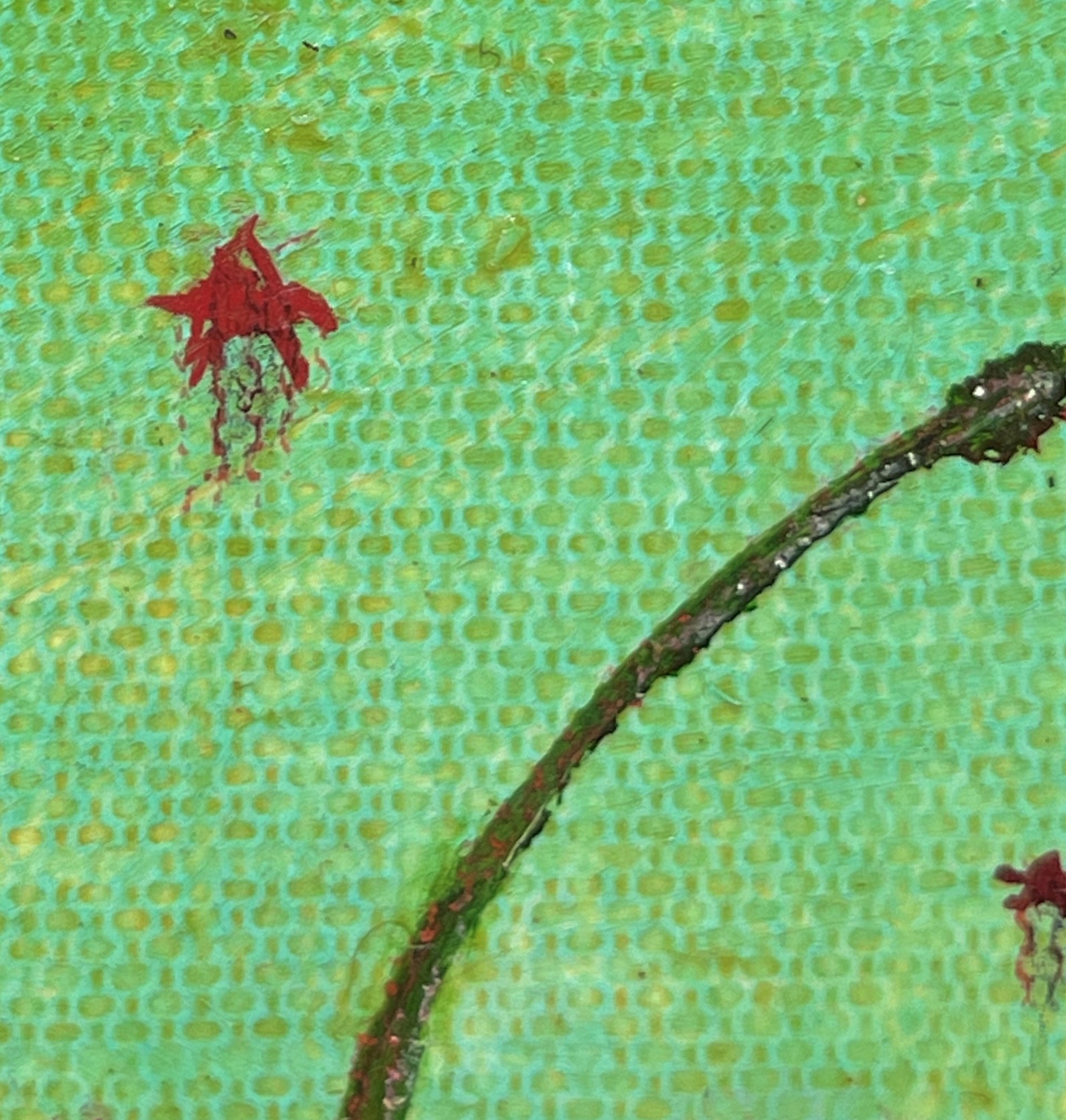 A painting of a red cherry on a green background.