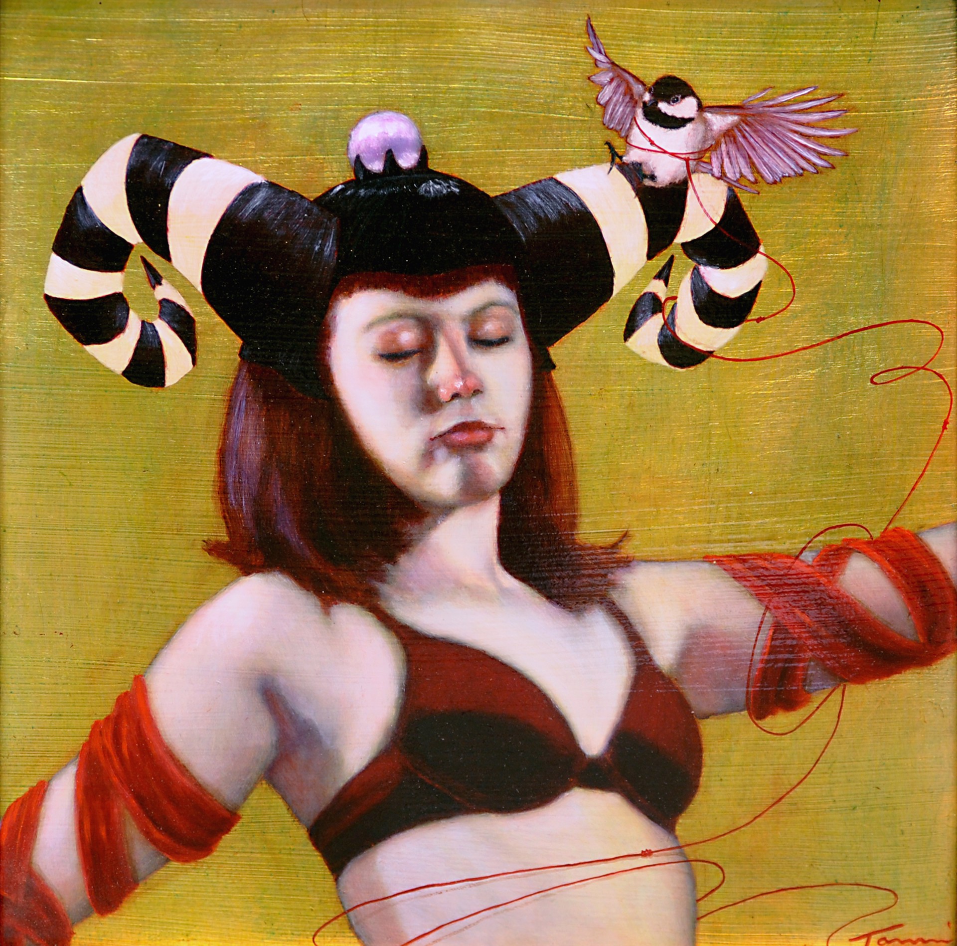 A painting of a woman with a bird on her head.
