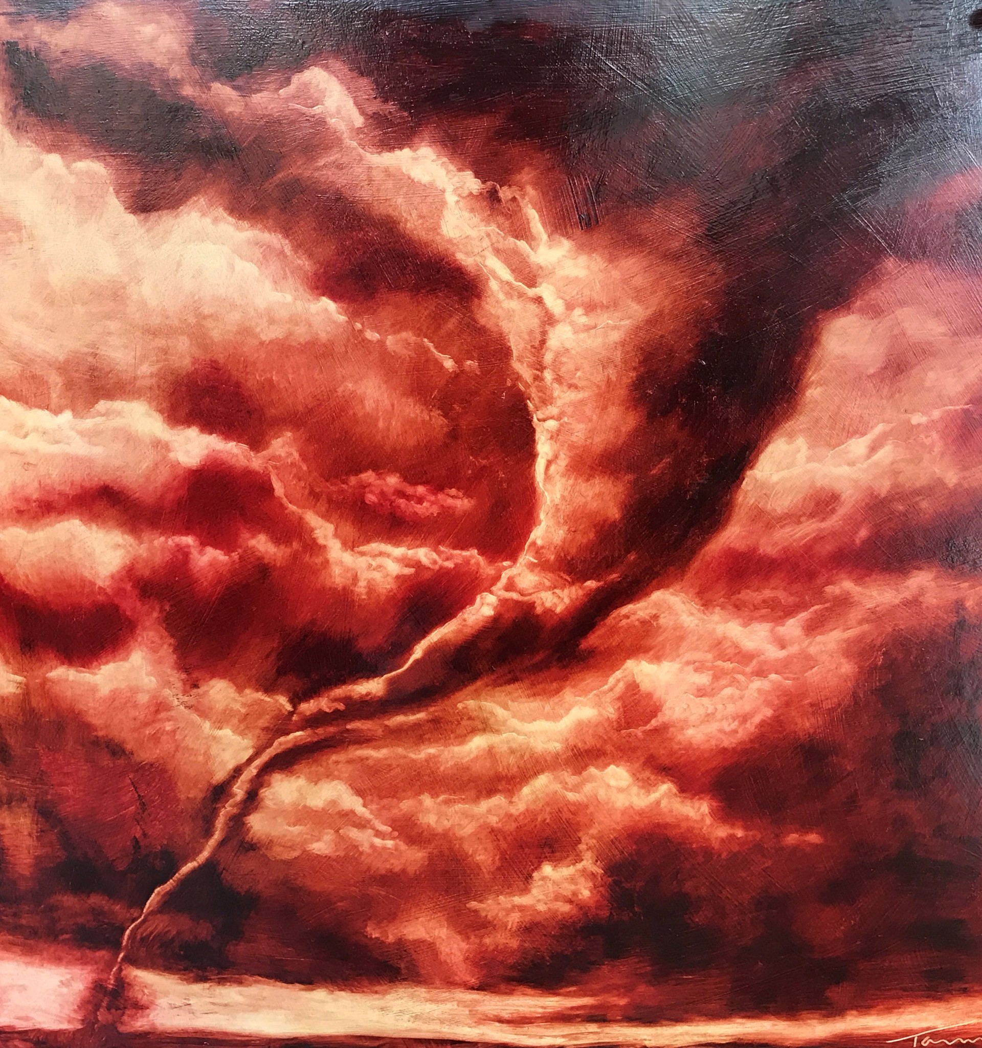 A painting of a tornado in the sky over a body of water.
