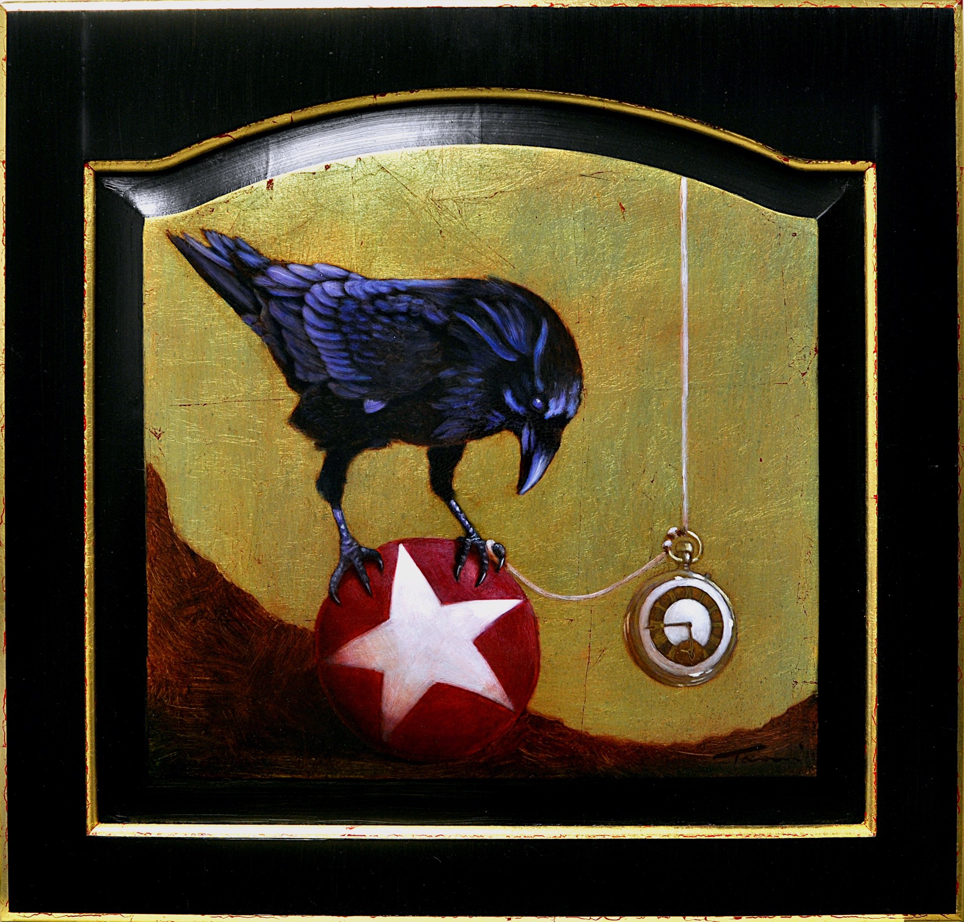 A stylized black bird perches on a red sphere with a white star, holding a string connected to a silver pocket watch.