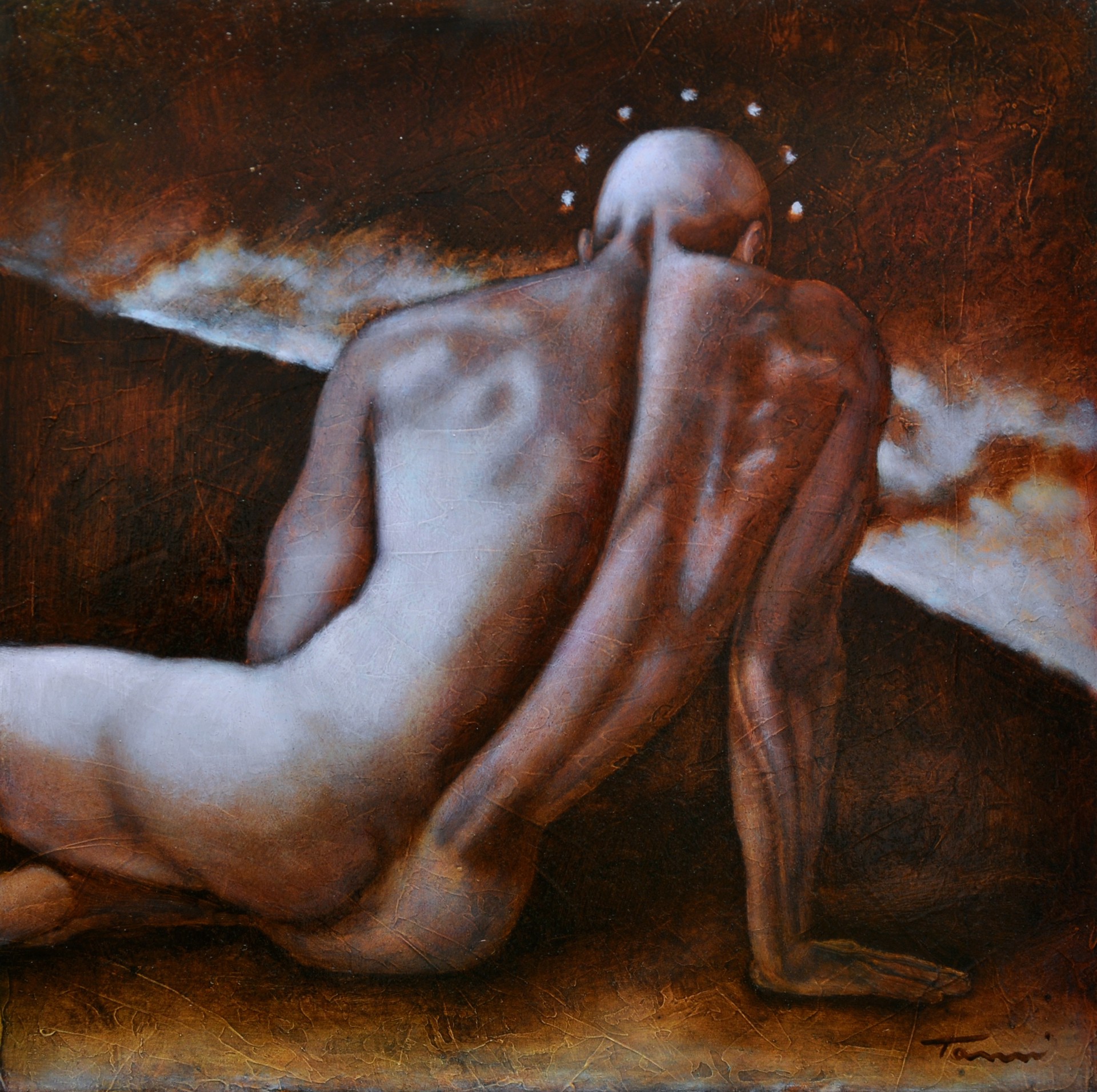 A painting of a man sitting on the ground with his back to the camera.