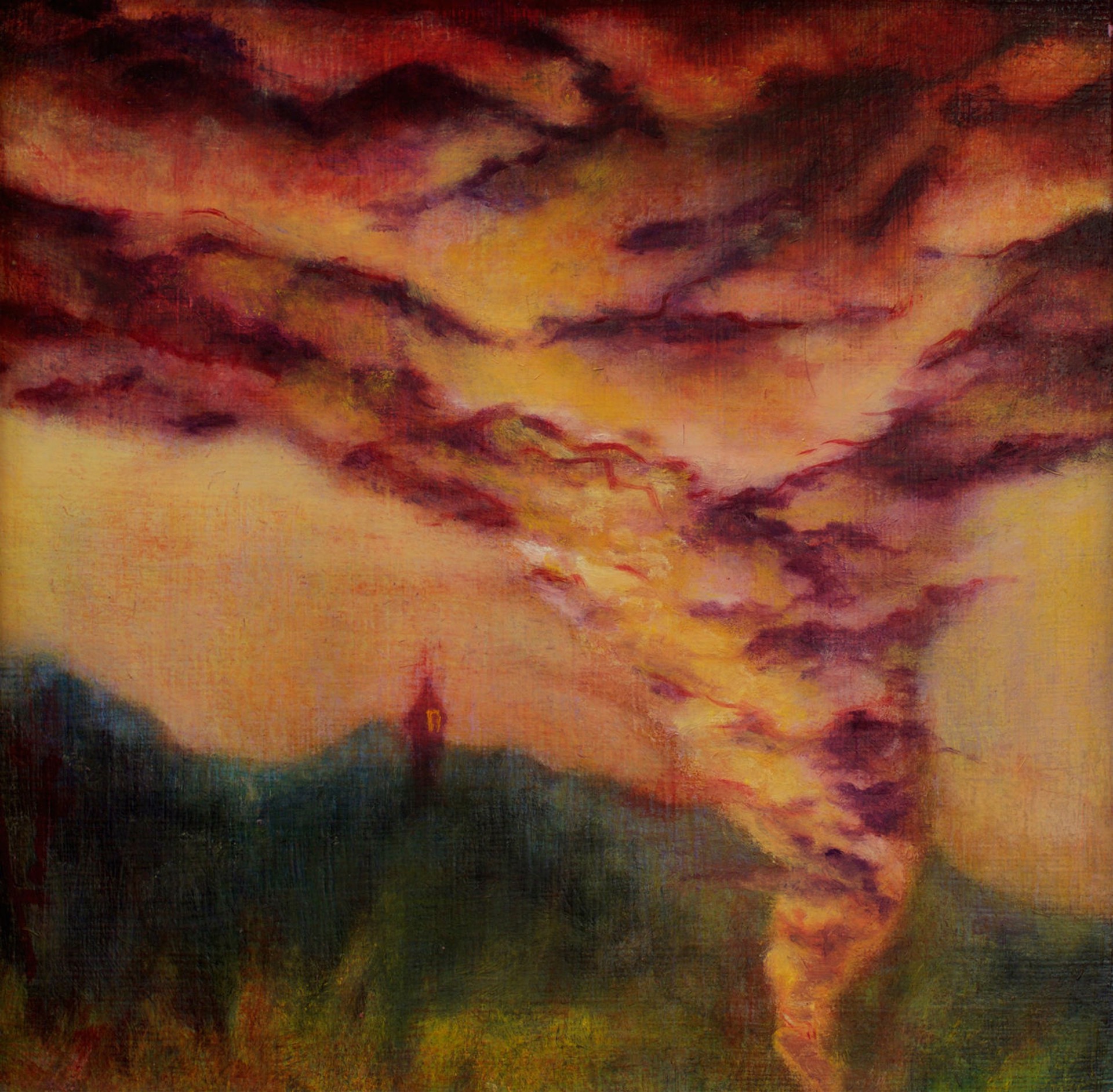 A dramatic landscape painting featuring a swirling vortex of clouds over a dark, hazy horizon.