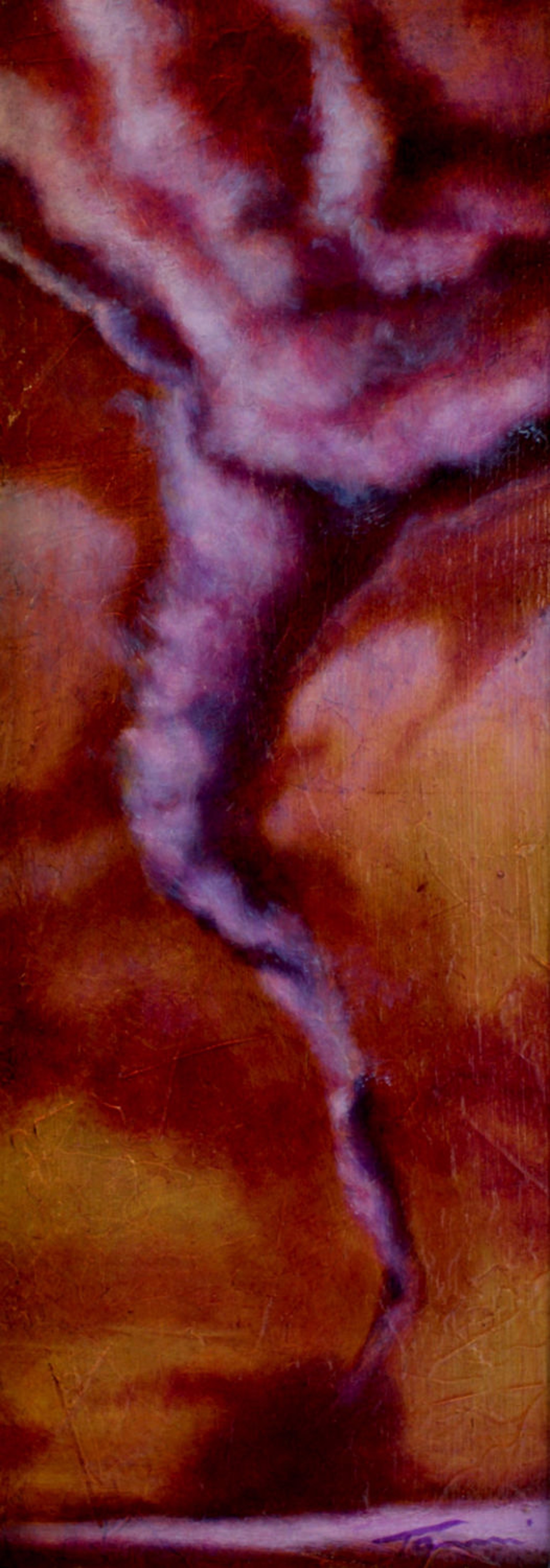 A vertical abstract composition featuring a central, textured, snake-like form against a warm, mottled background.