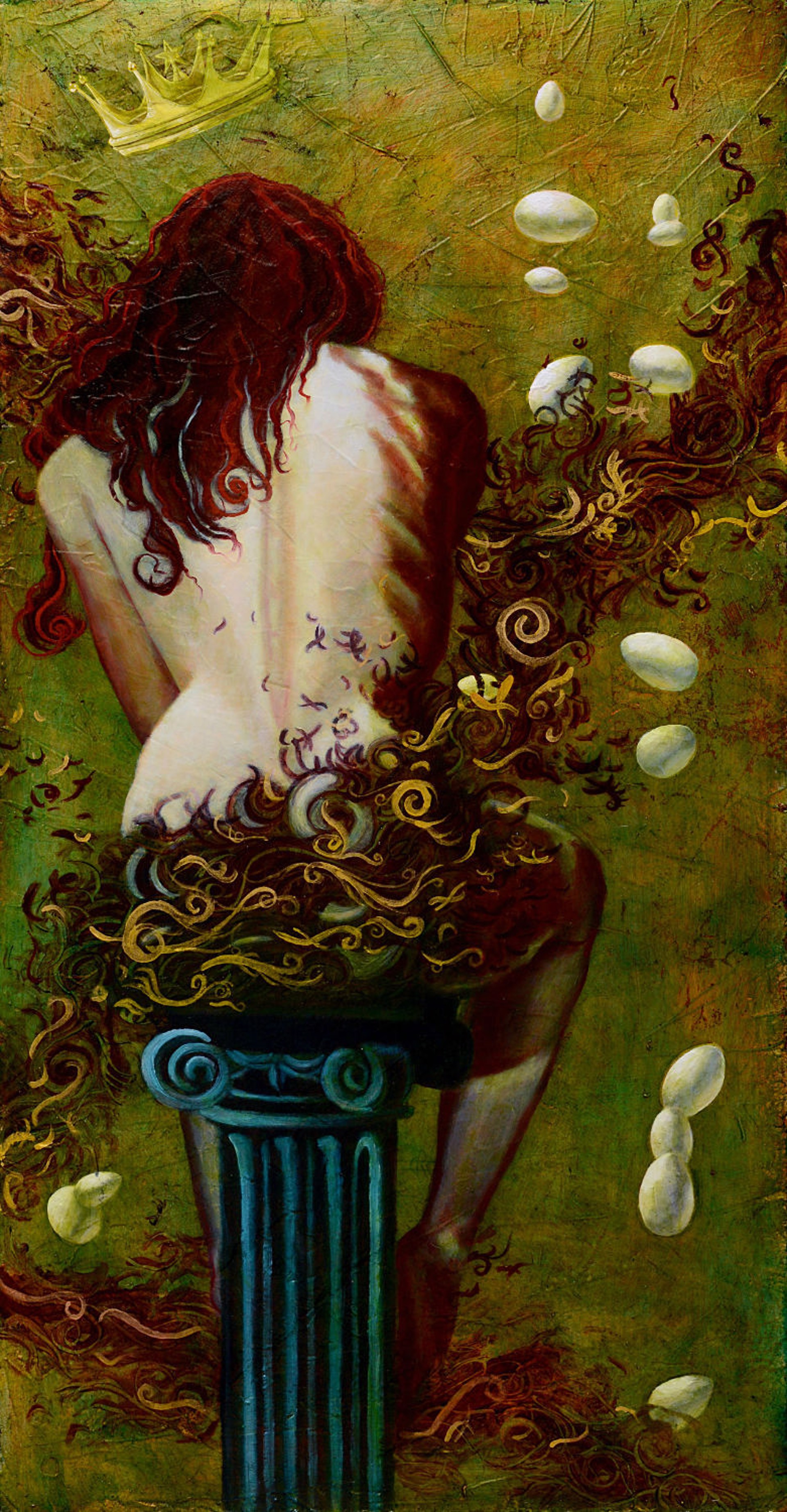 A surreal portrait of a seated figure with flowing hair and a crown, surrounded by organic swirls and floating white shapes.