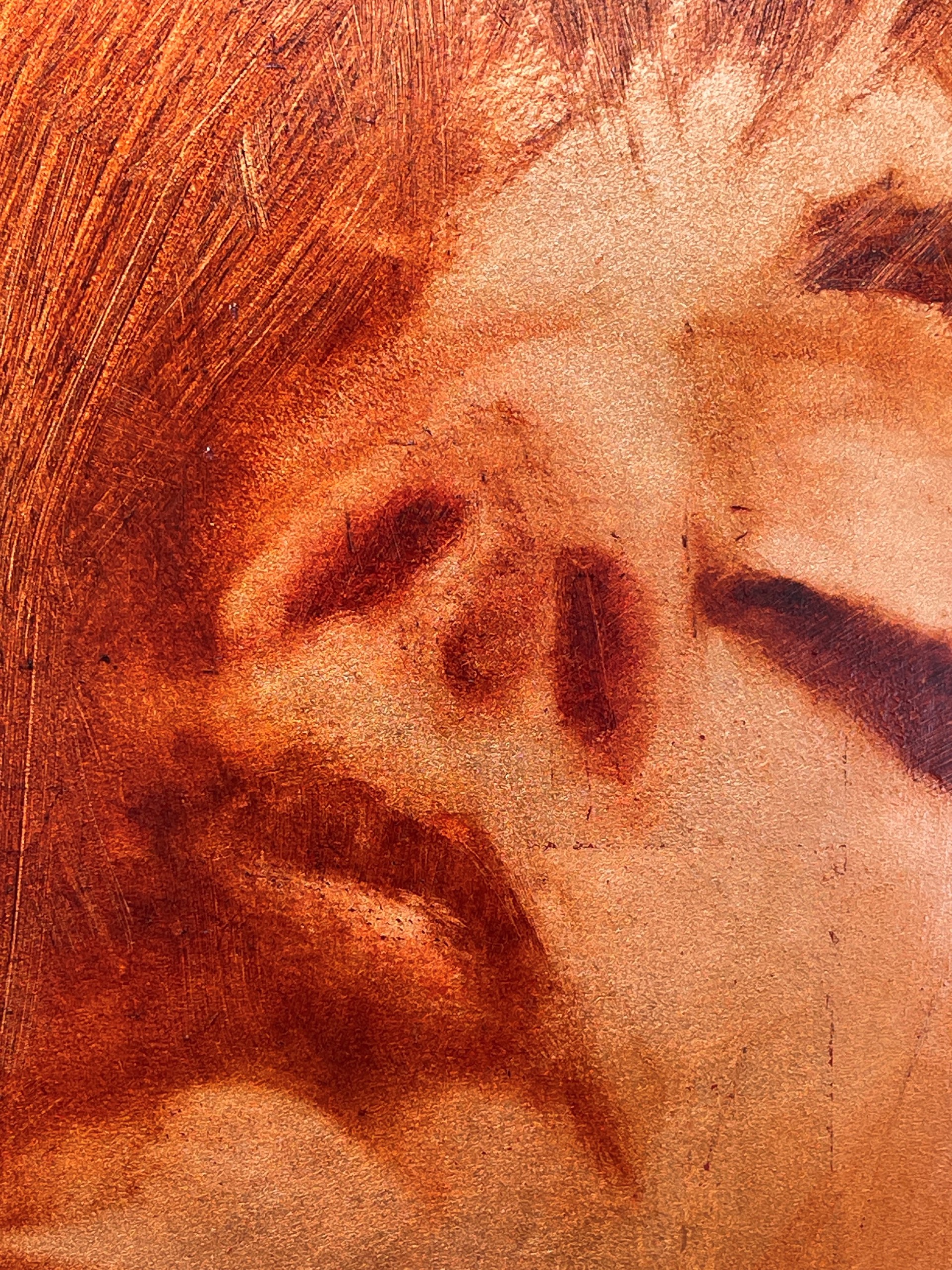 A painting of a woman with her eyes closed and her head in the air.