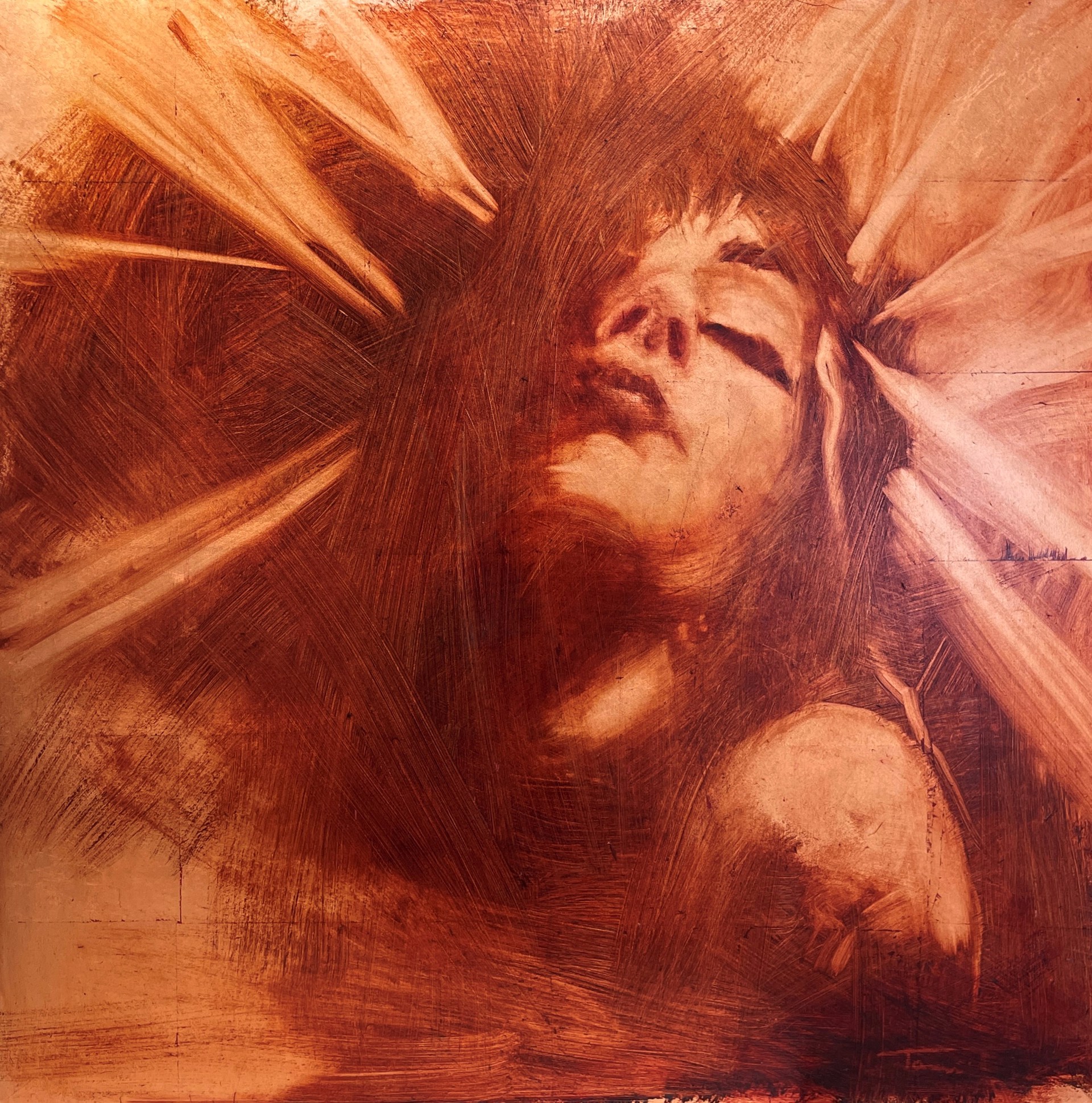 A painting of a woman with her eyes closed and her head in the air.