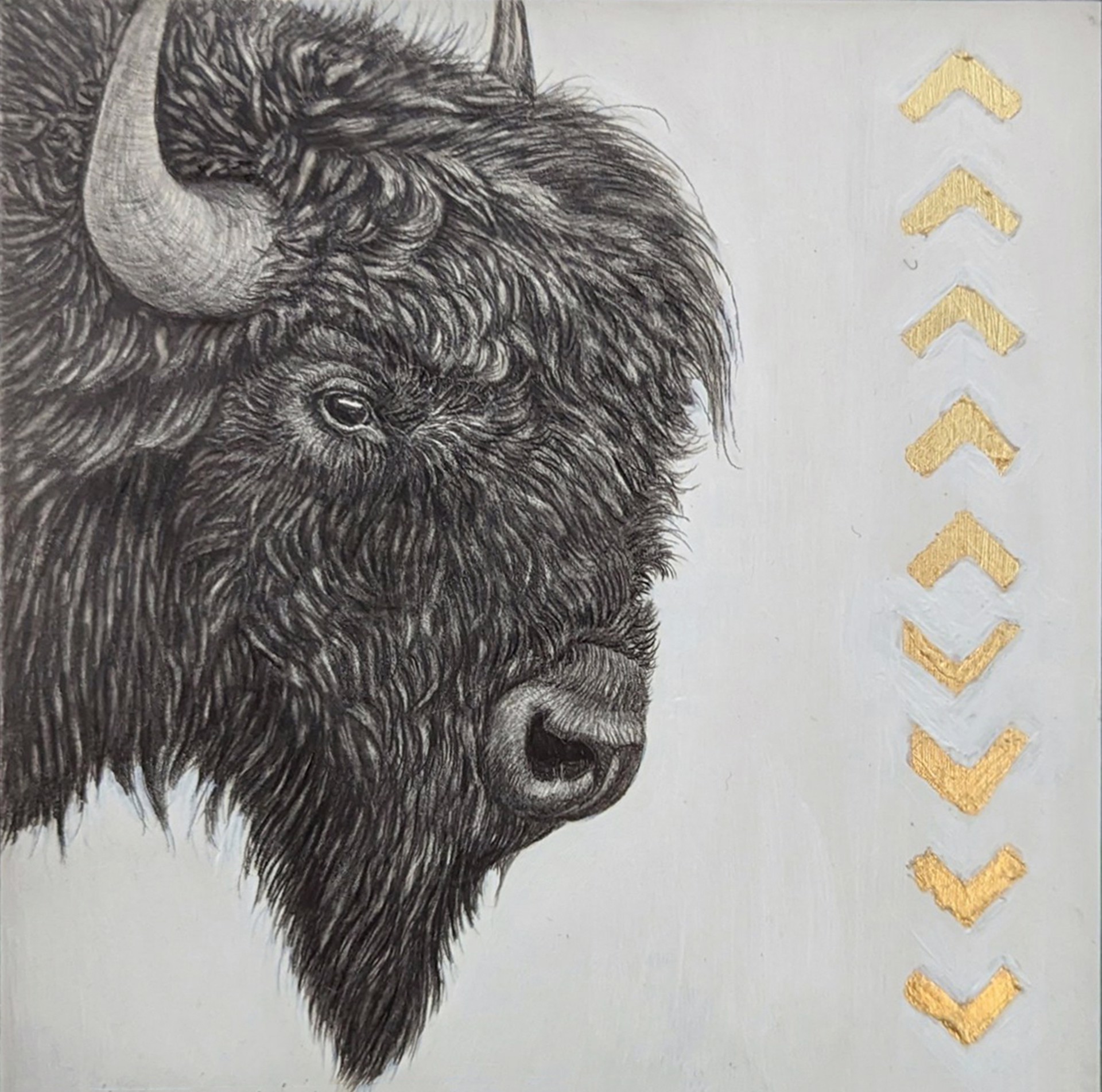 A drawing of a bison with gold arrows on it.