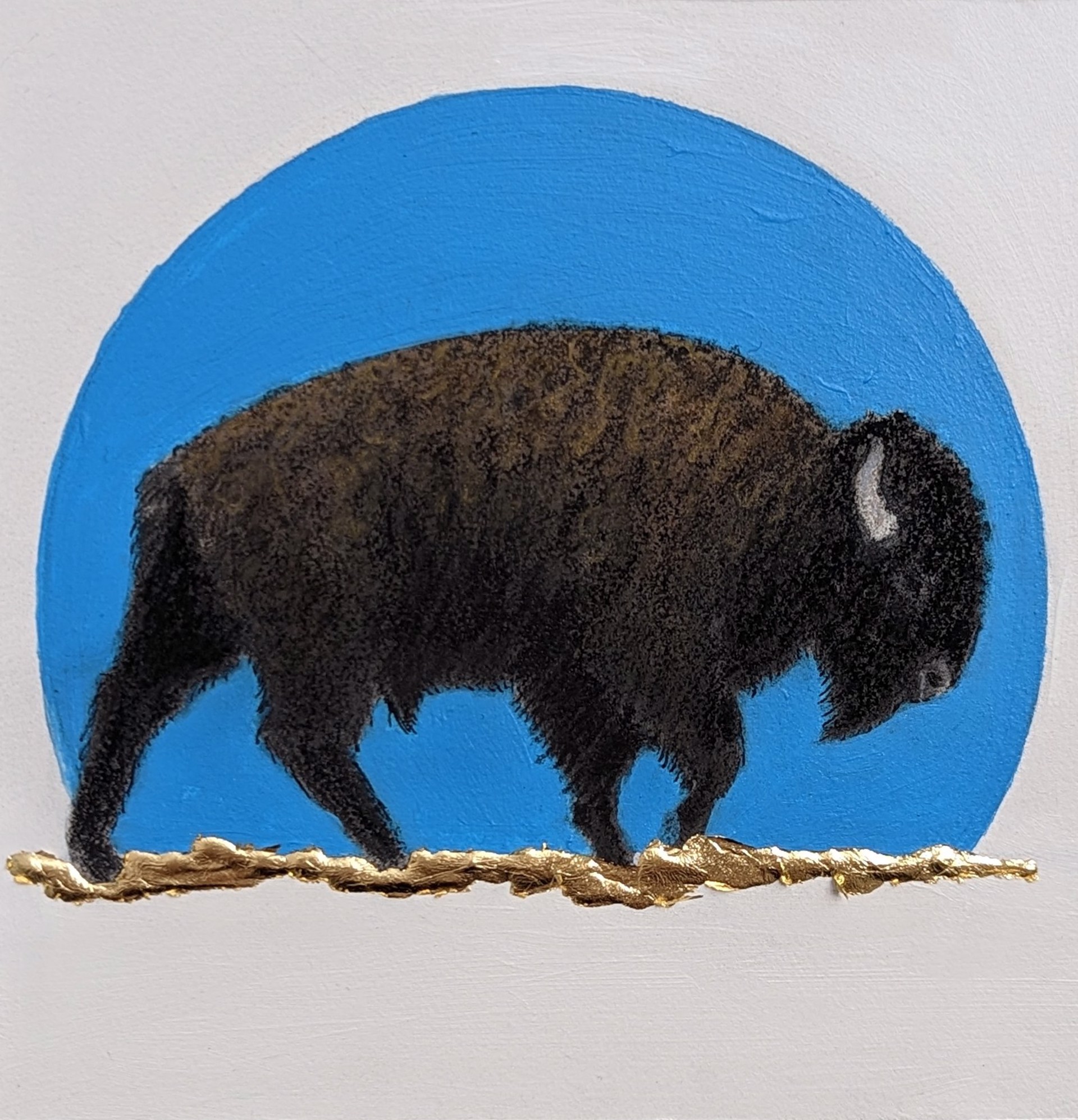 A painting of a bison standing in front of a blue circle.