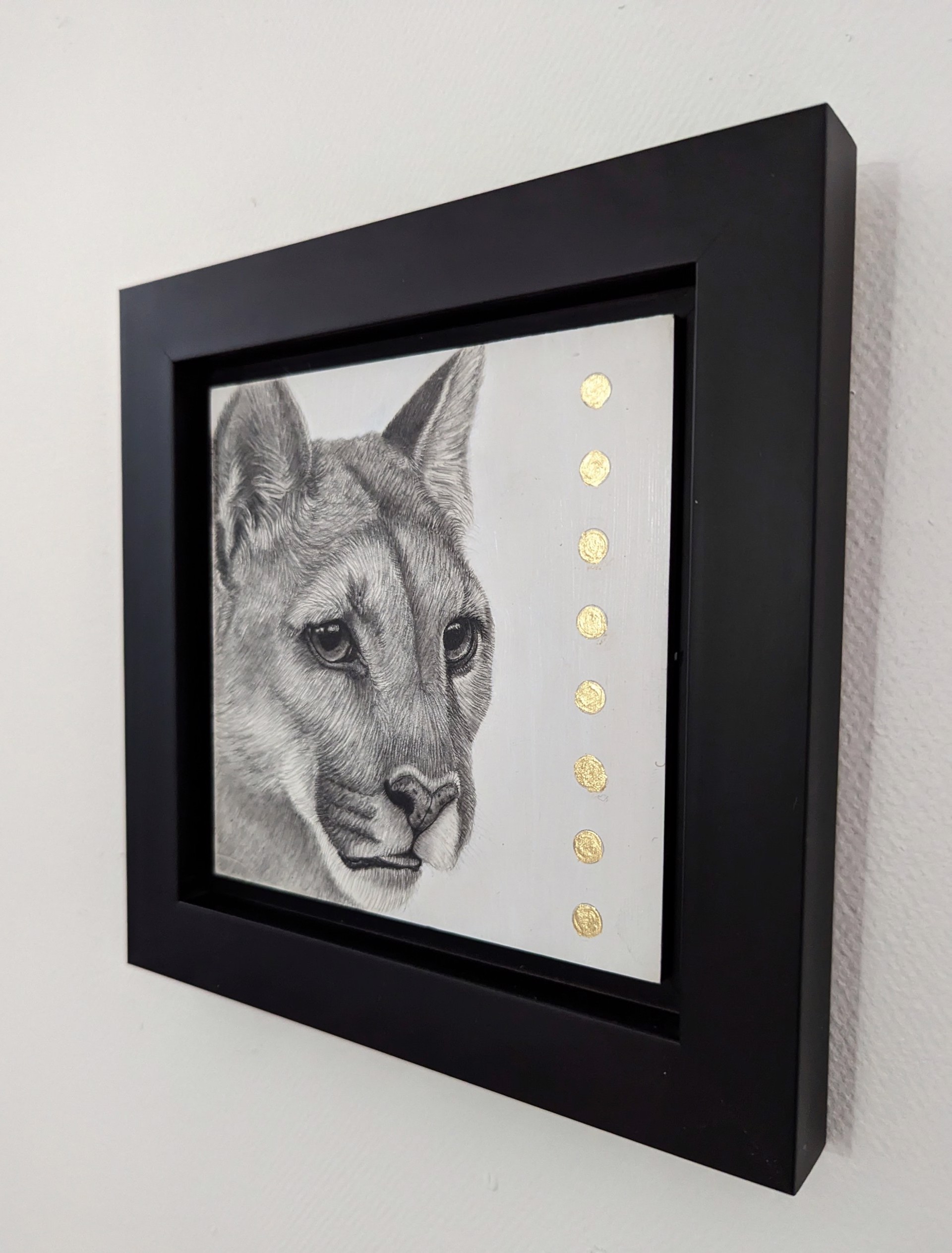 A drawing of a cougar's face on a piece of paper.
