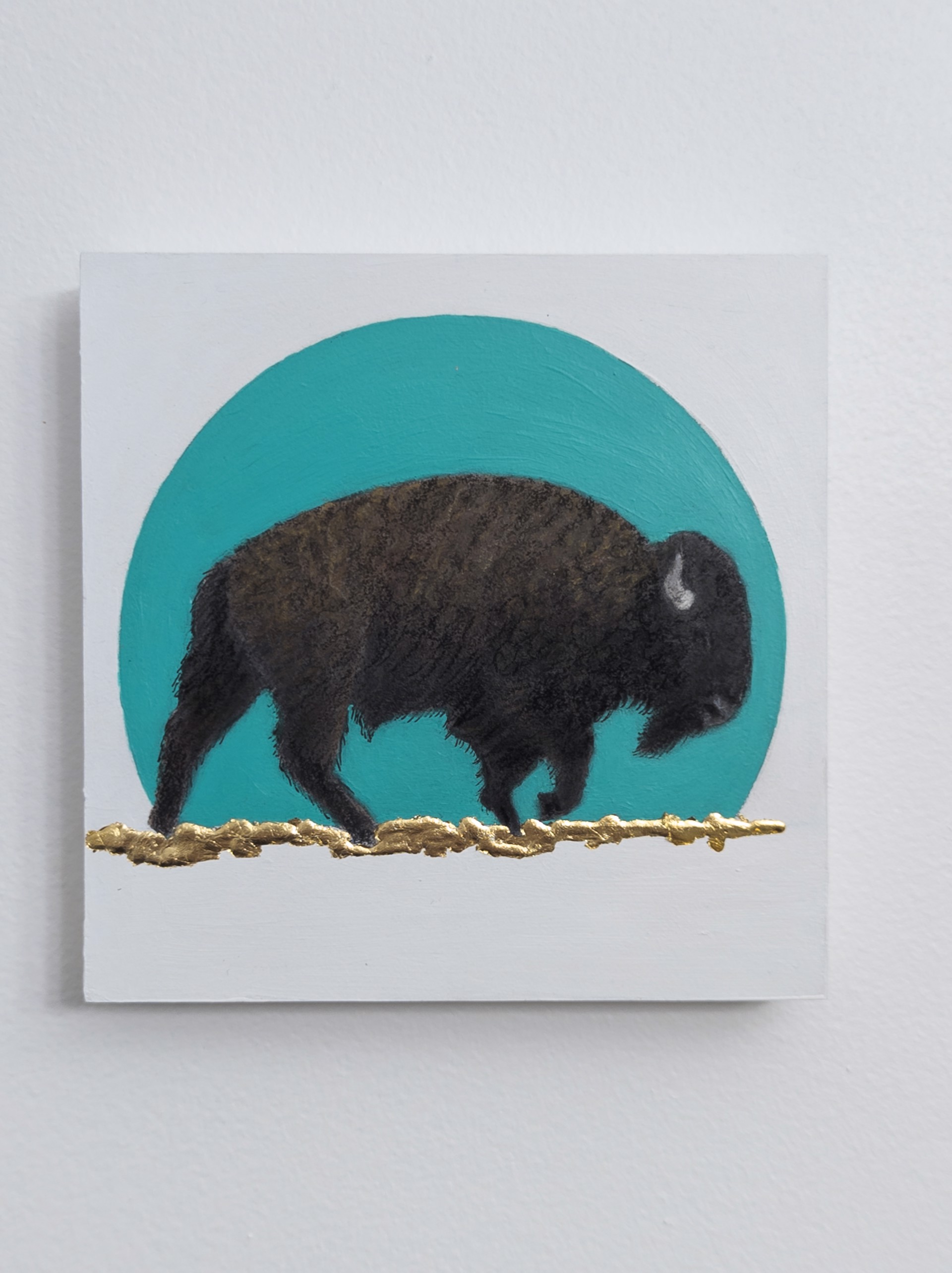 A painting of a bison walking across a field.