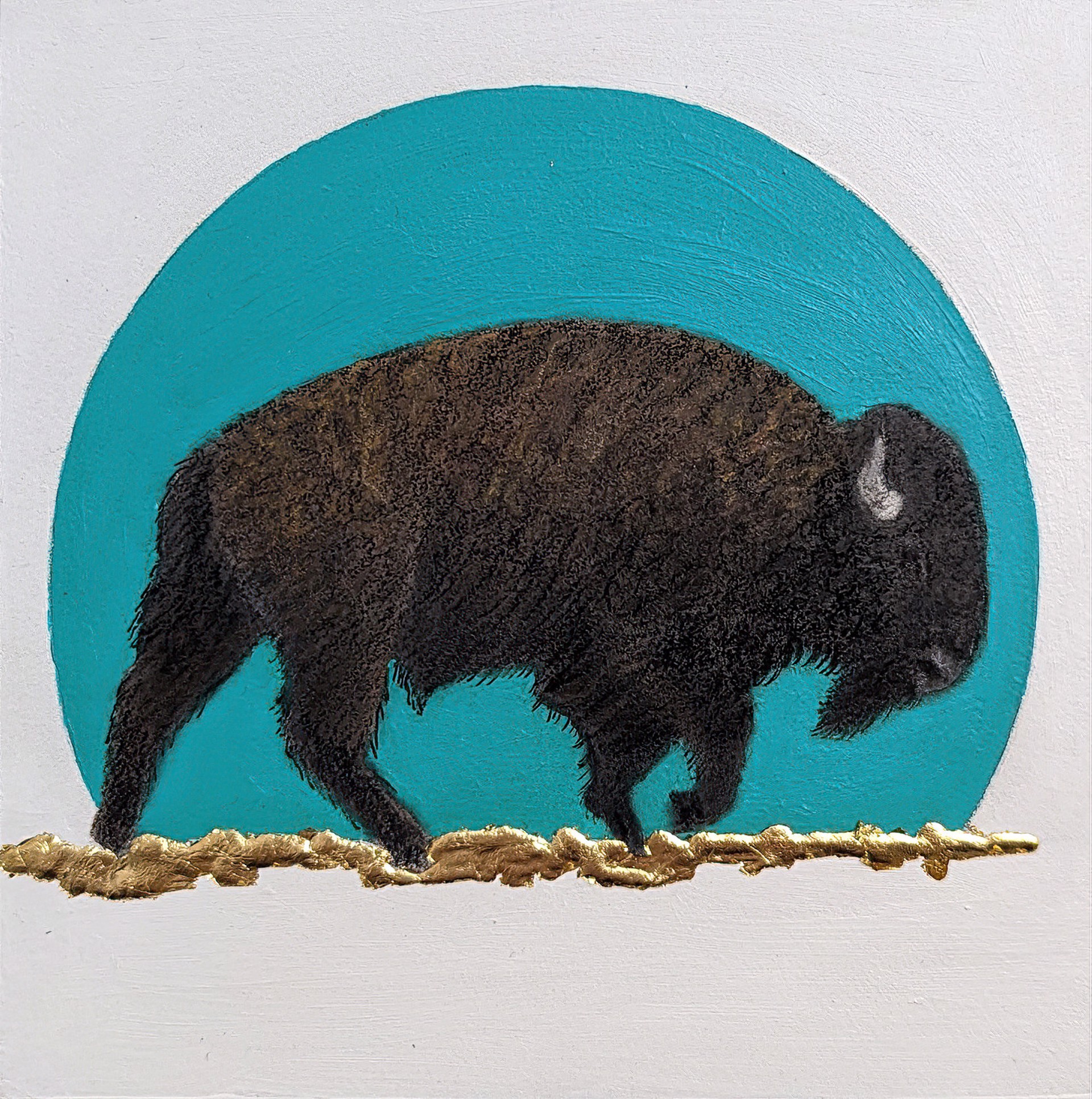 A painting of a bison walking across a field.