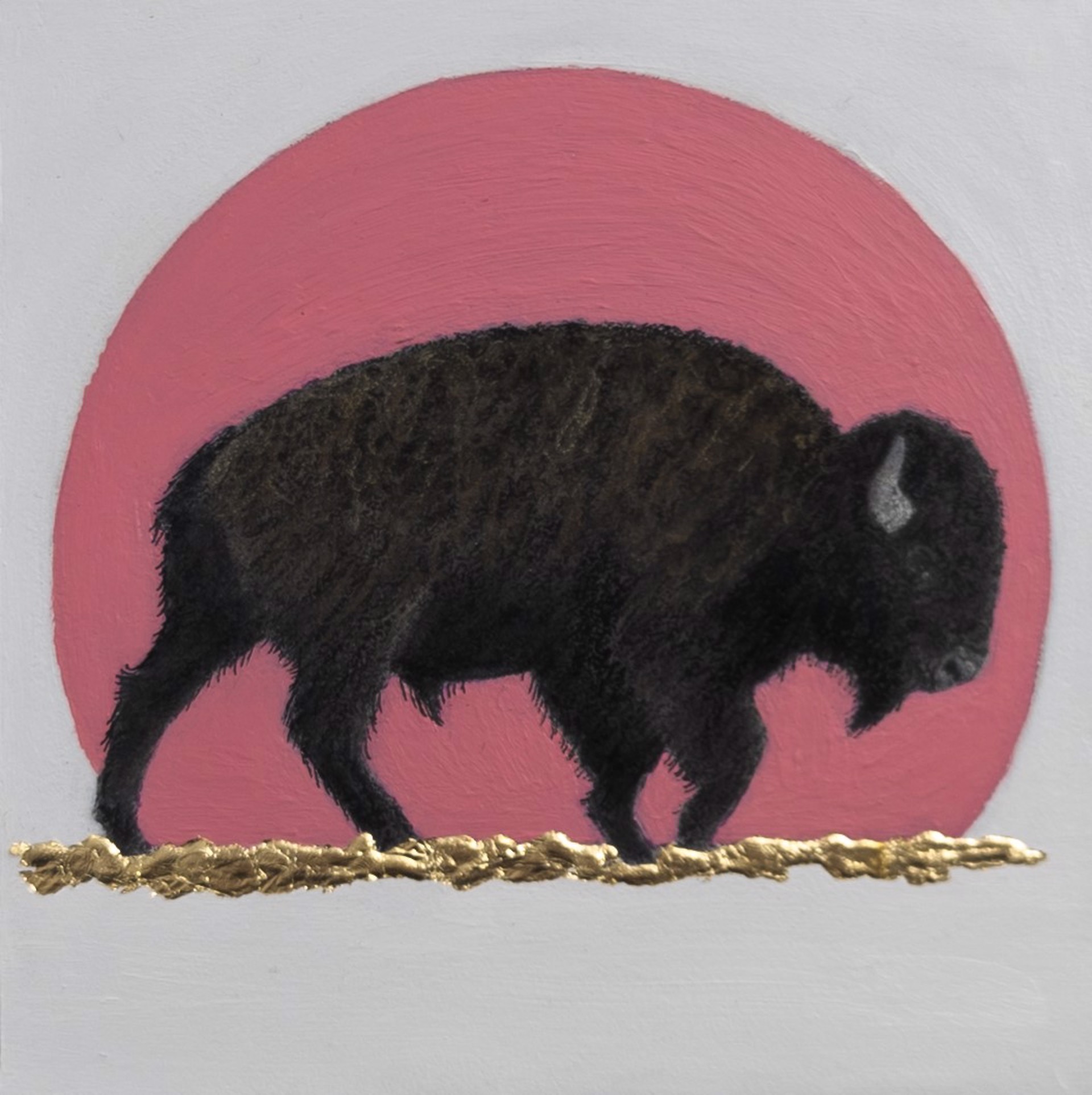 A painting of a bison standing in front of a pink sun.