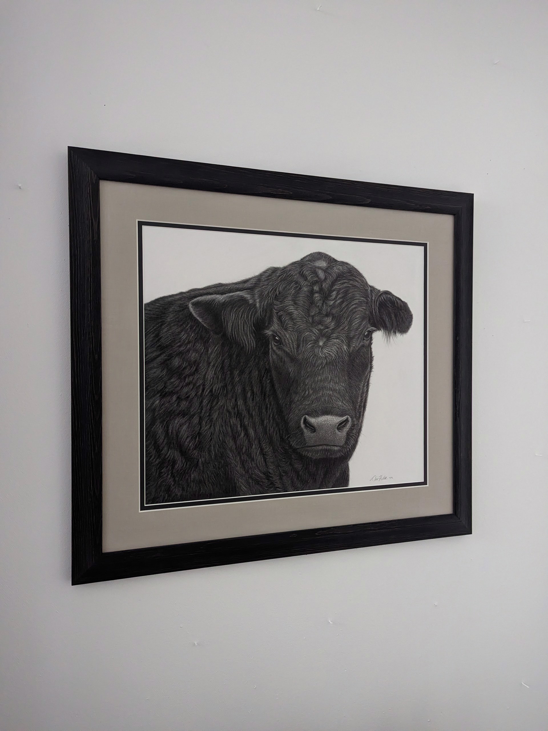 A hyper-realistic black-and-white portrait of a dark bovine subject rendered with meticulous texture and depth.