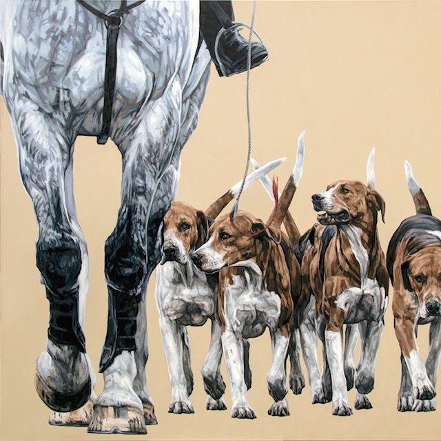 A painting of a horse and four dogs on a leash.