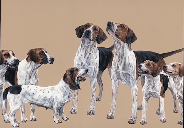 a painting of a group of dogs standing next to each other