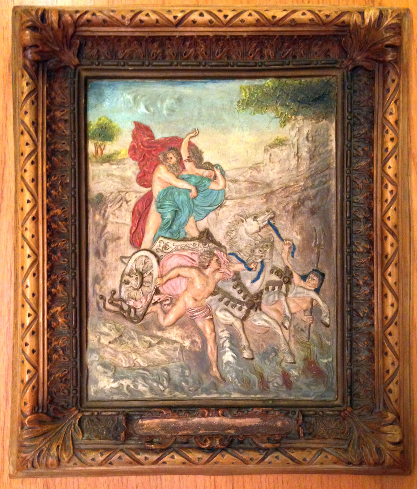 A painting on a wall in a room with a wooden frame.