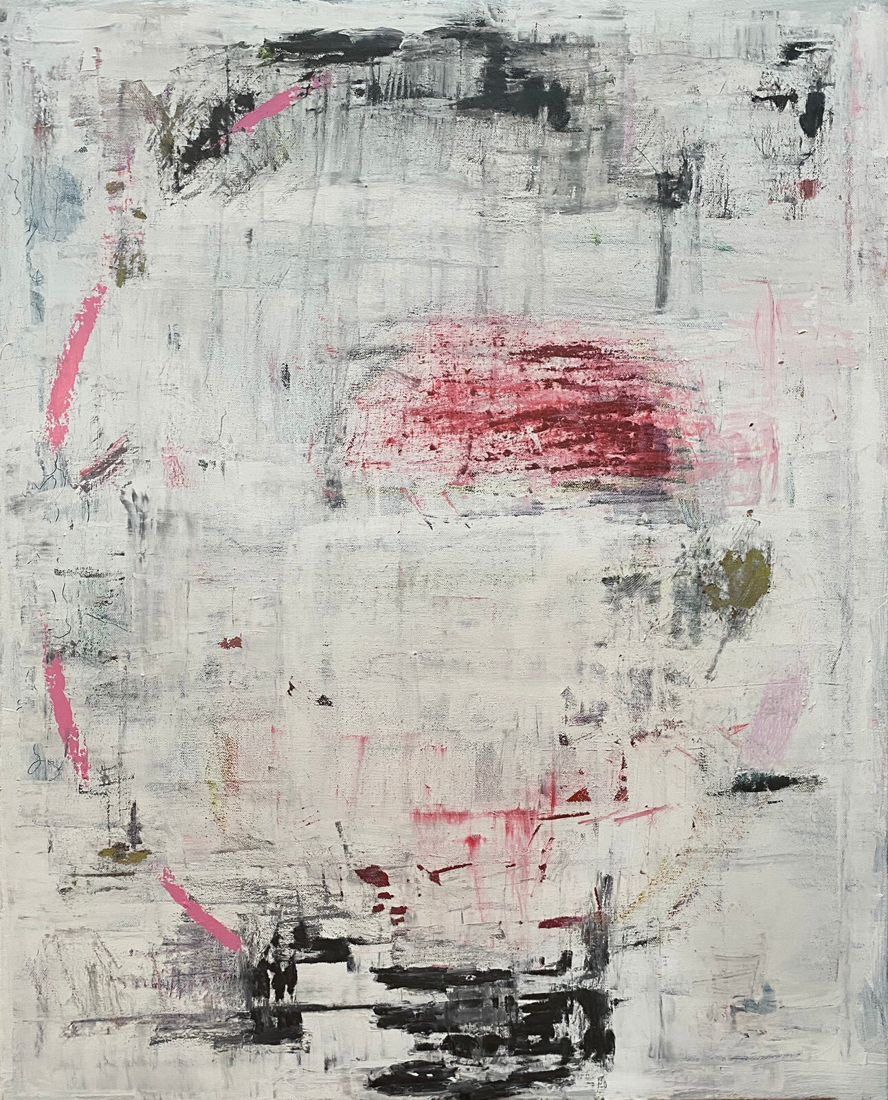 A large abstract painting with red and black paint on it.