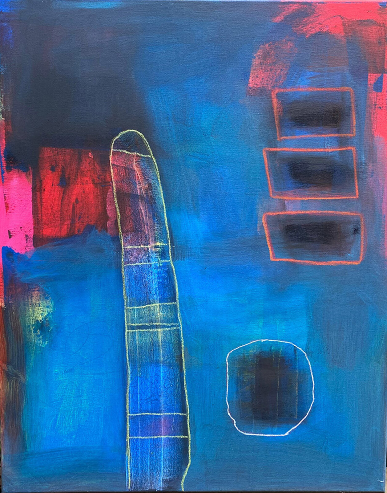 A painting of a blue and red abstract painting on a blue background.
