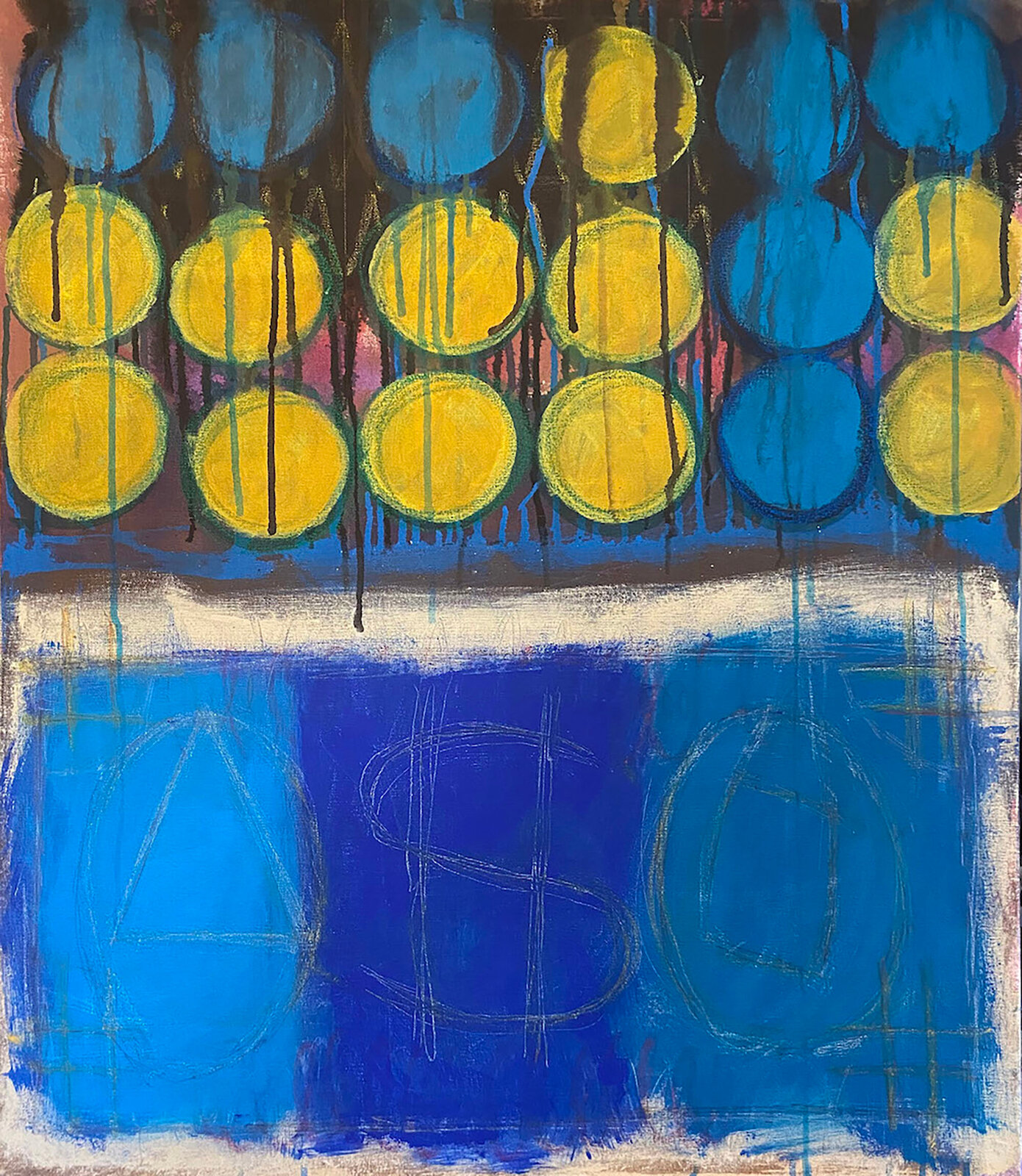 A painting of blue and yellow circles on a blue background.