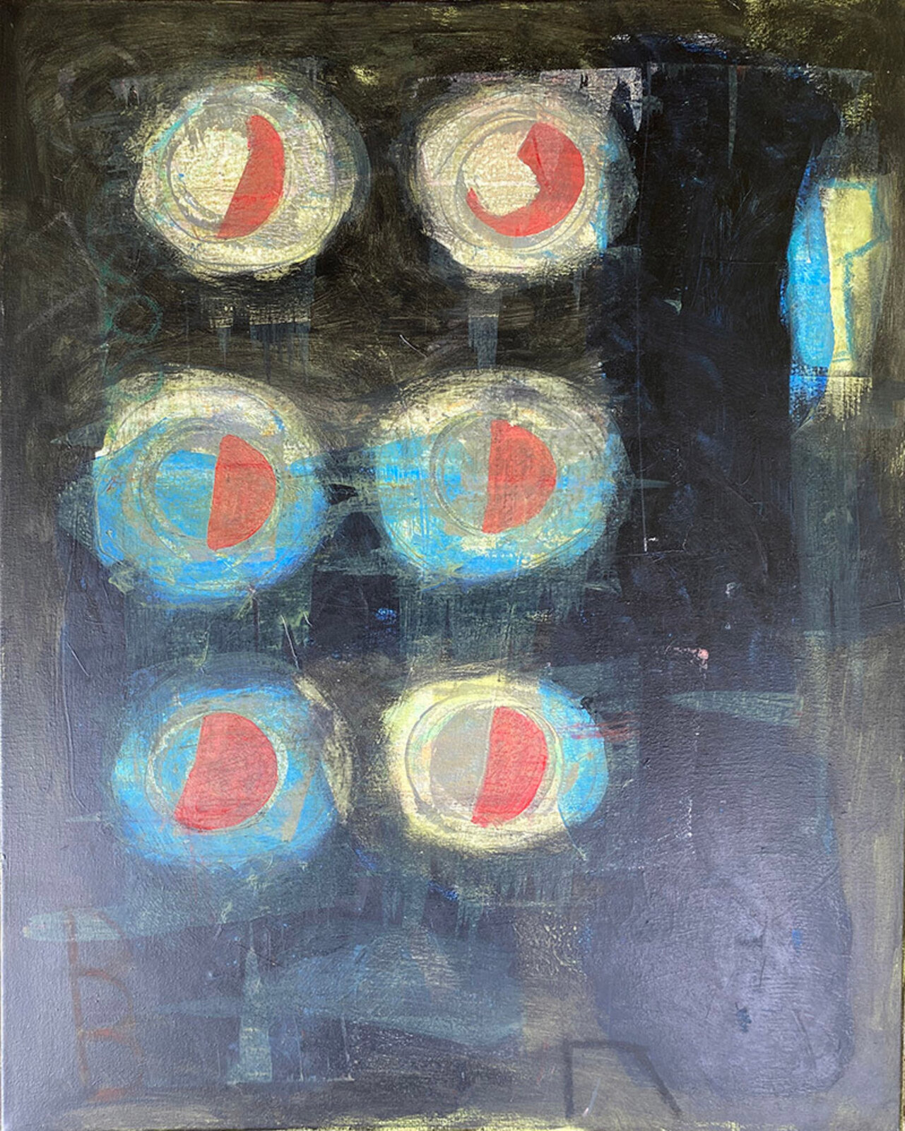 A painting of five circles on a black background. 