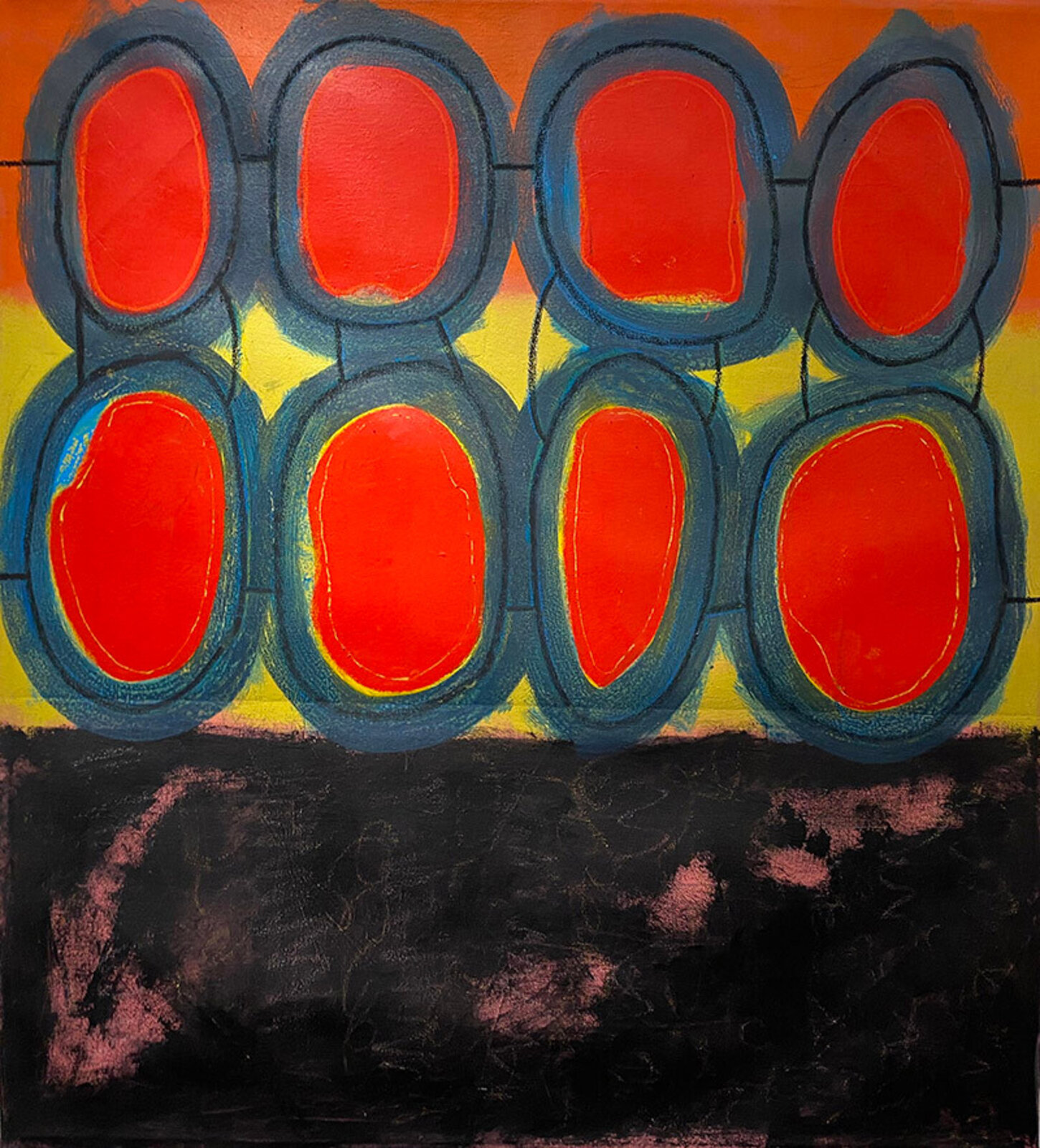 A painting of red and blue circles on a yellow background.