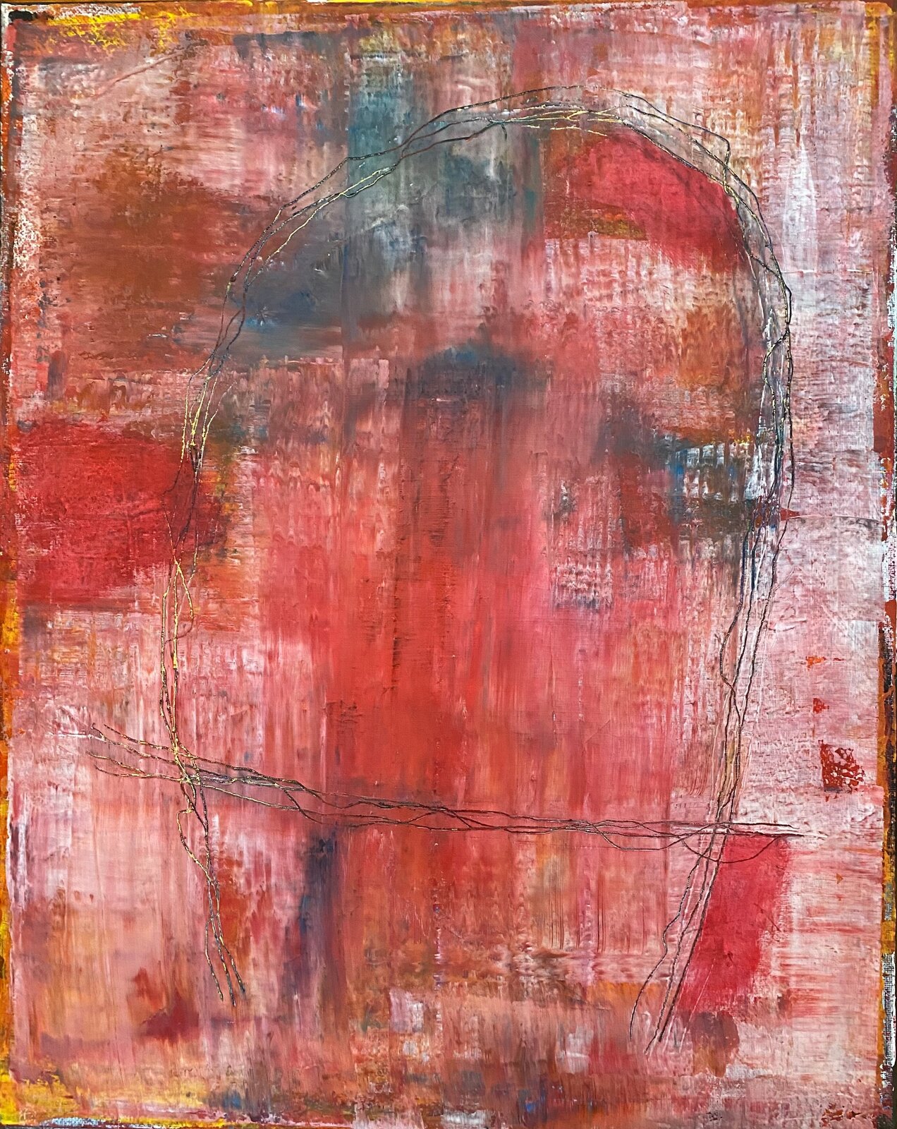 A painting of a woman's face on a red background.