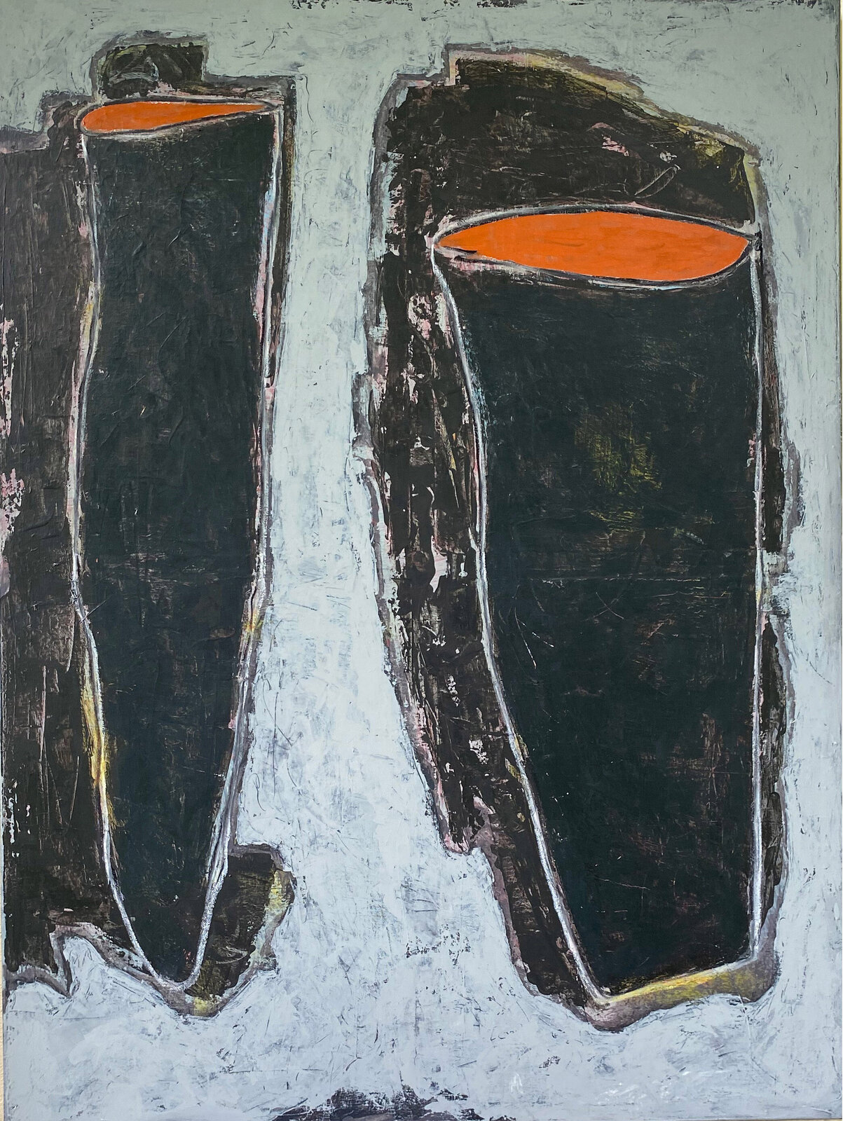 A painting of two black and orange vases on a gray background.